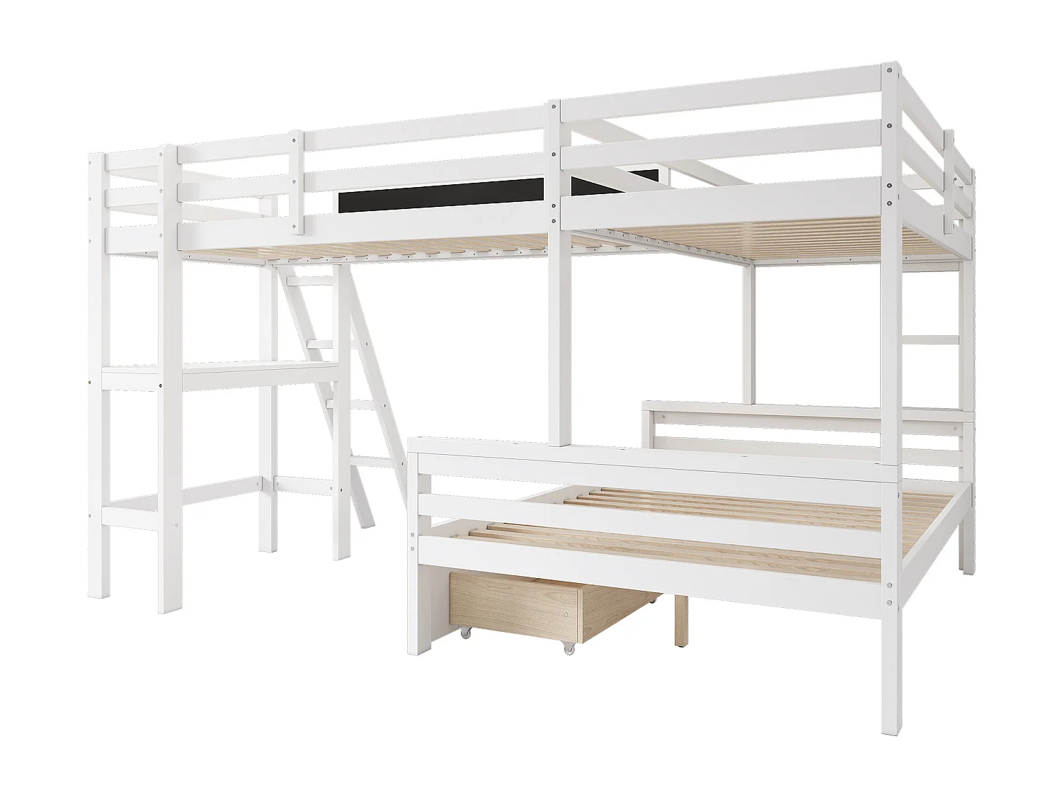Lit superposé enfant avec bureau et rangement, en pin massif, blanc et chêne, 3 places (140x200 cm et 90x200 cm)