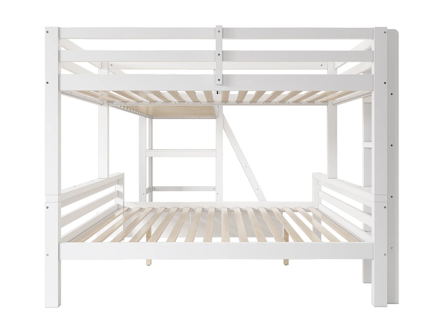 Lit superposé enfant avec bureau et rangement, en pin massif, blanc et chêne, 3 places (140x200 cm et 90x200 cm)