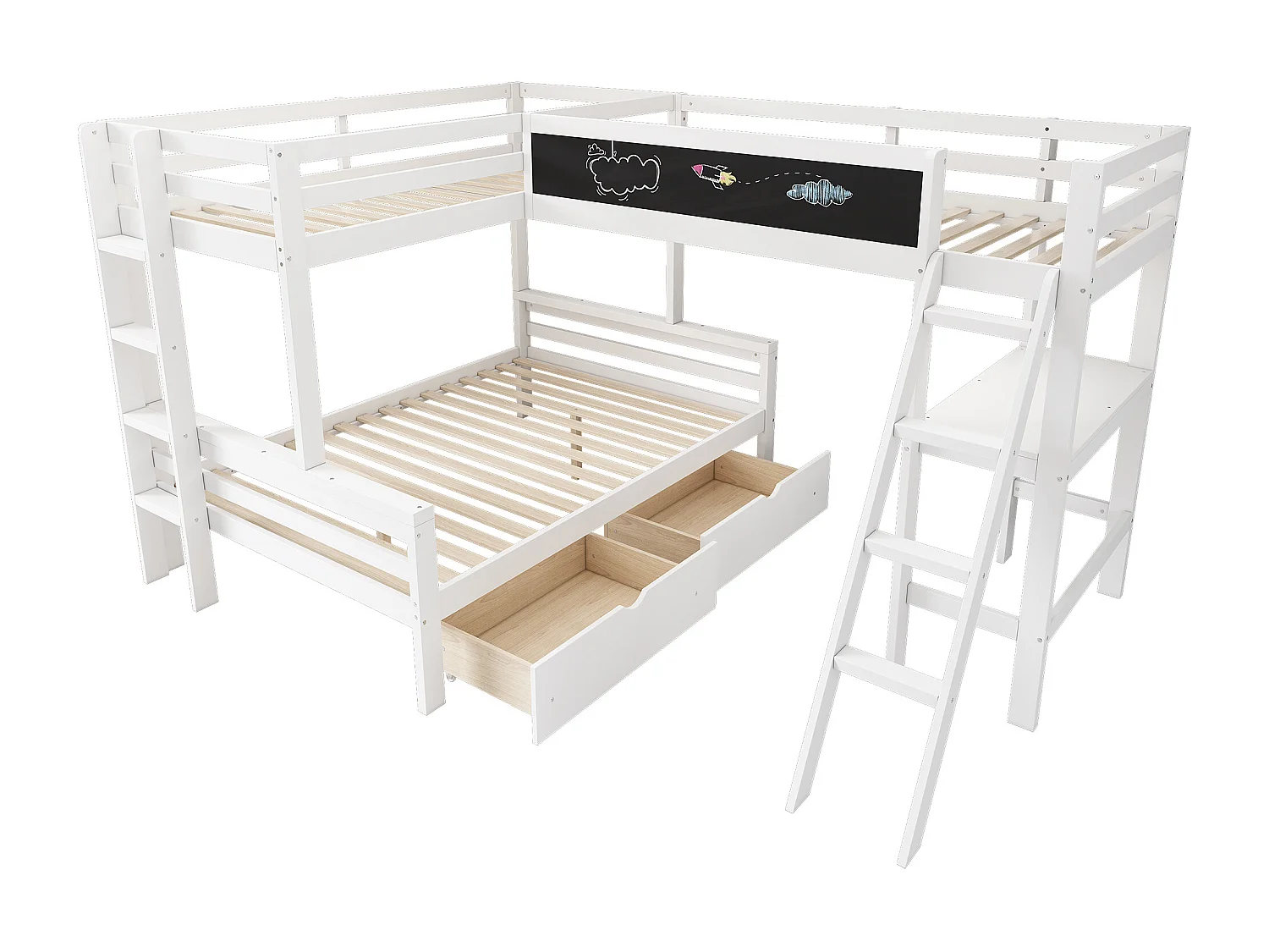 Lit superposé enfant avec bureau et rangement, en pin massif, blanc et chêne, 3 places (140x200 cm et 90x200 cm)