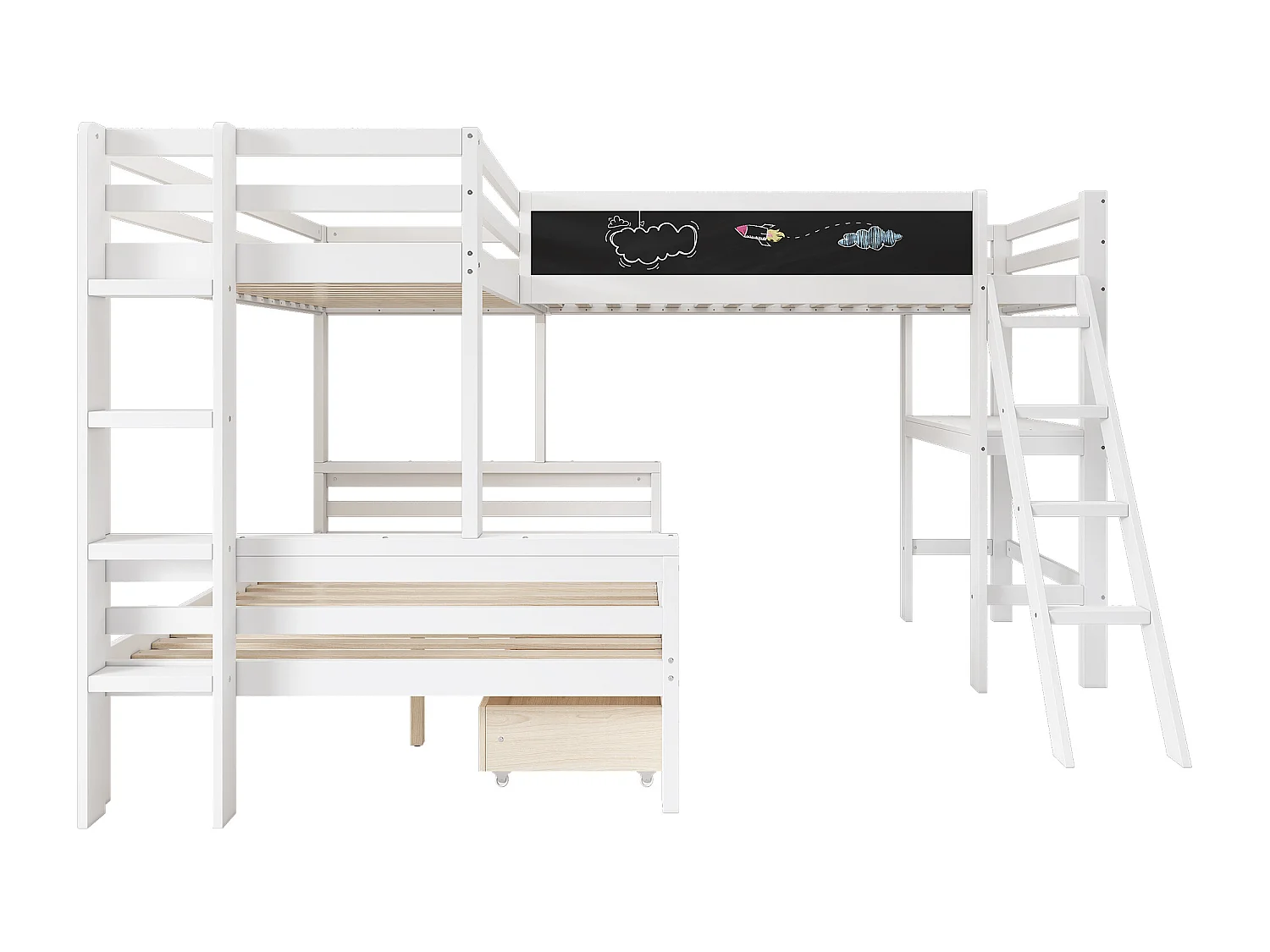 Lit superposé enfant avec bureau et rangement, en pin massif, blanc et chêne, 3 places (140x200 cm et 90x200 cm)