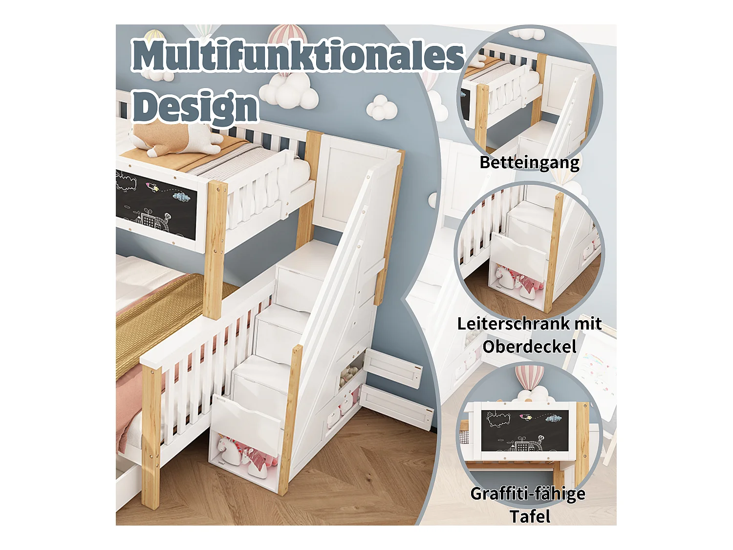 Lit superposé enfant, multifonctionnel avec tableau et tiroirs, bois massif, blanc + chêne clair (90x200 + 140x200 cm)