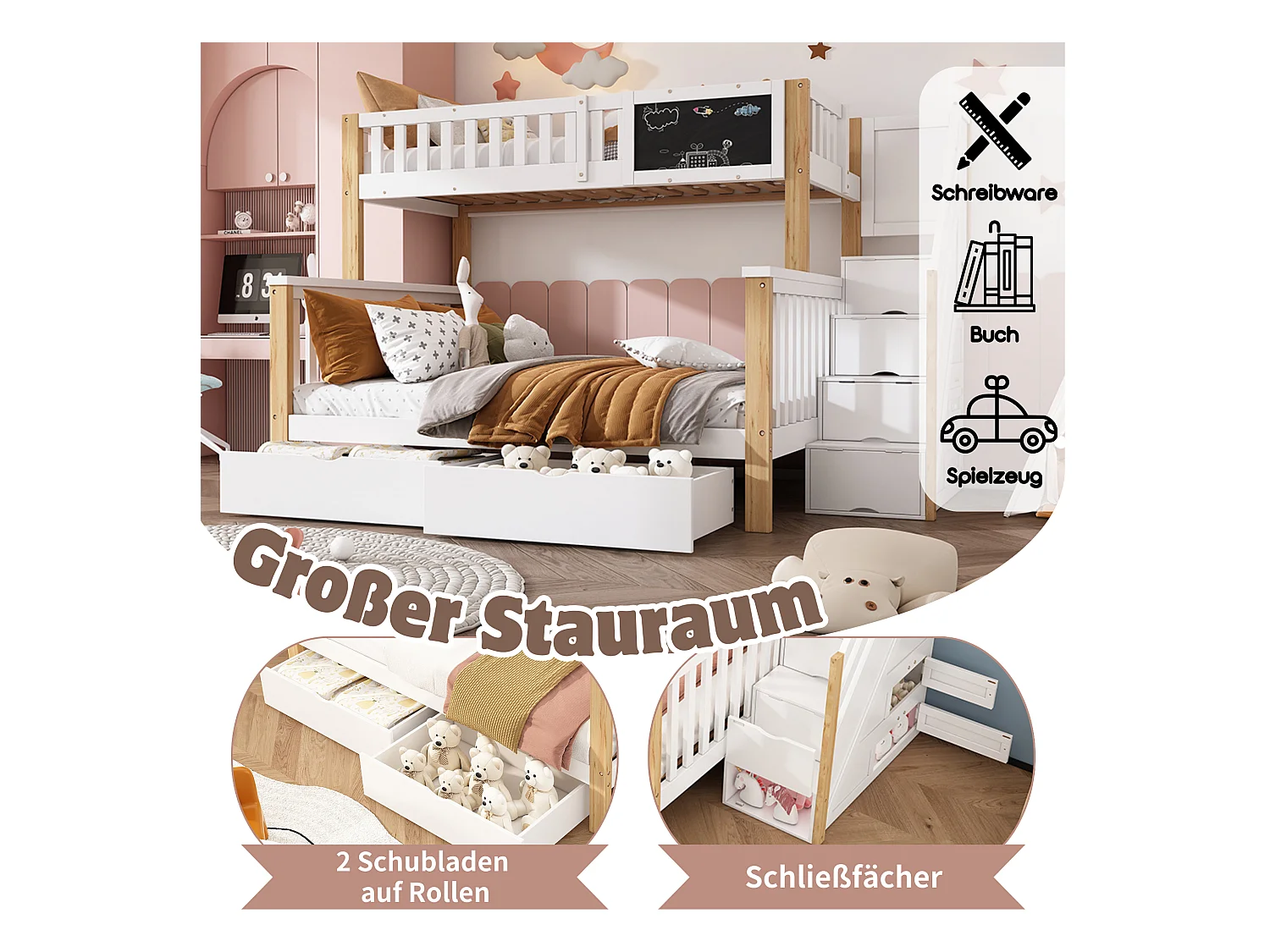 Lit superposé enfant, multifonctionnel avec tableau et tiroirs, bois massif, blanc + chêne clair (90x200 + 140x200 cm)