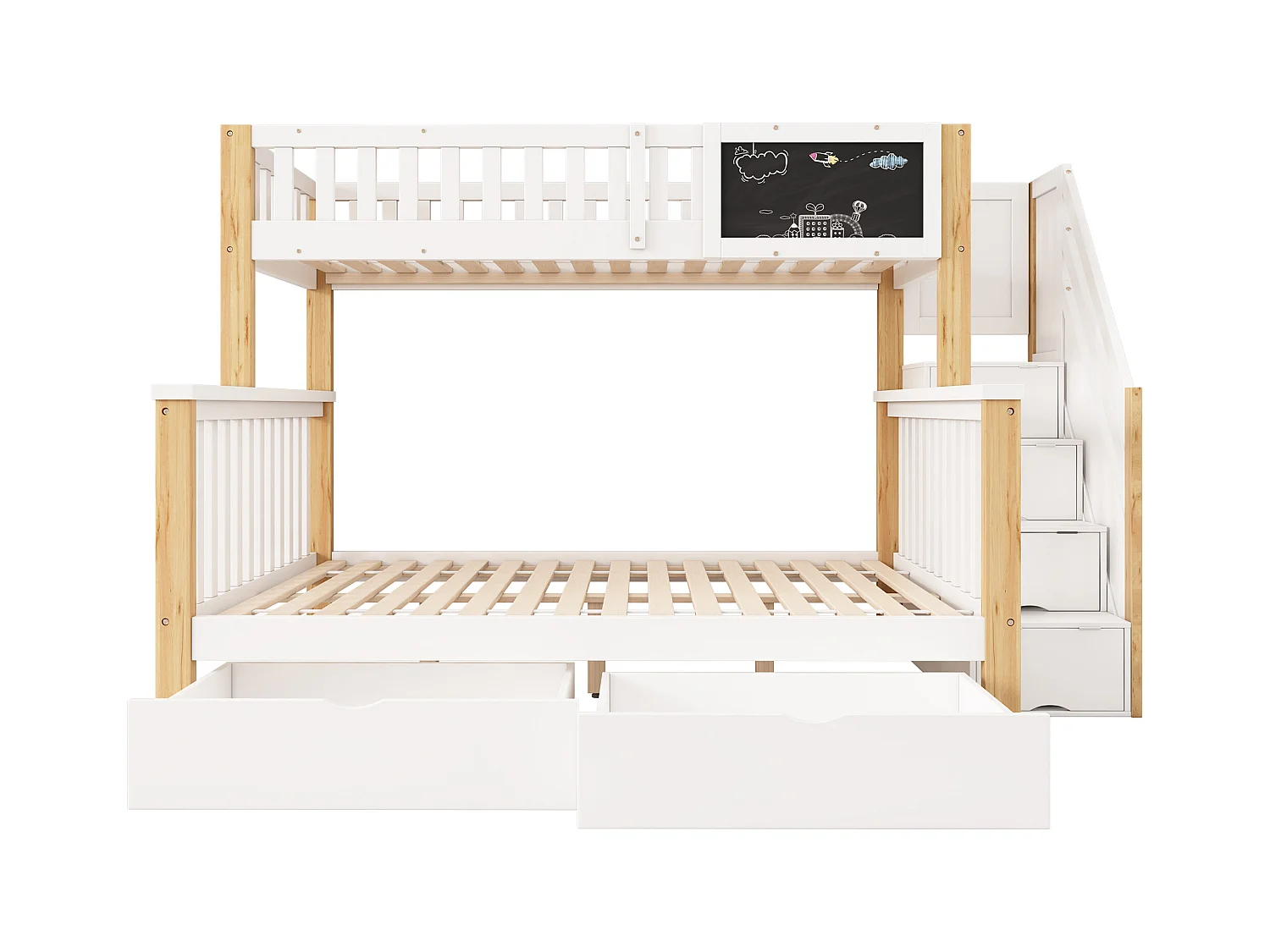Lit superposé enfant, multifonctionnel avec tableau et tiroirs, bois massif, blanc + chêne clair (90x200 + 140x200 cm)