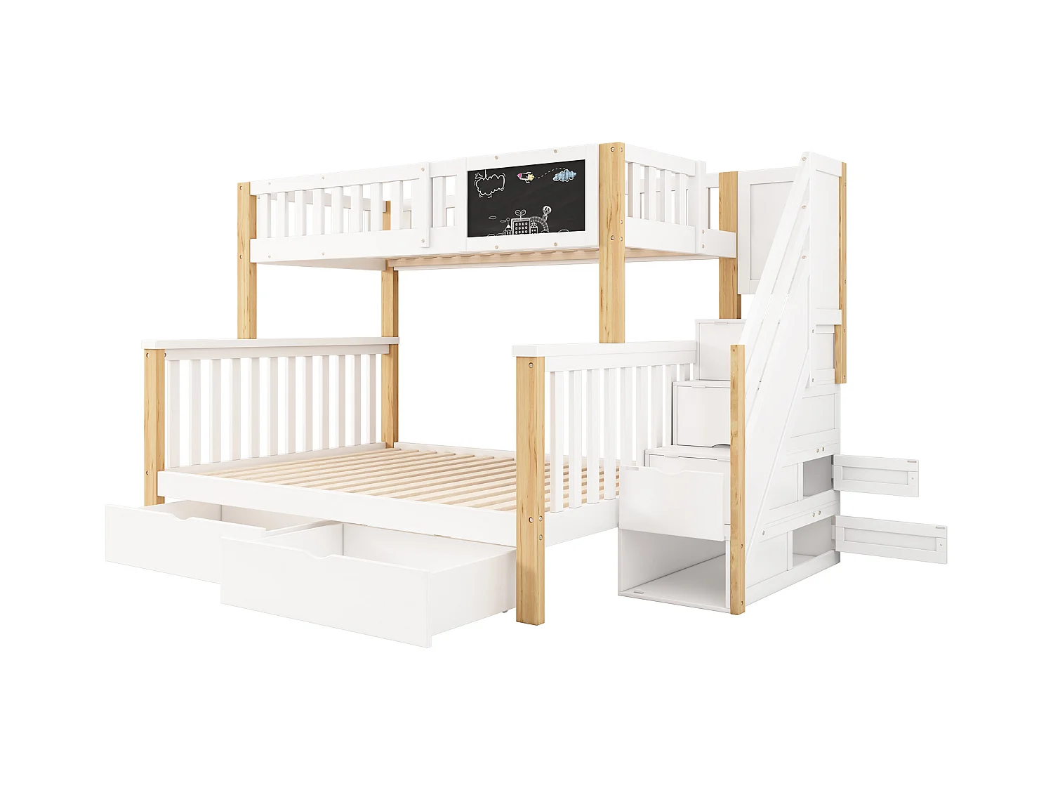 Lit superposé enfant, multifonctionnel avec tableau et tiroirs, bois massif, blanc + chêne clair (90x200 + 140x200 cm)