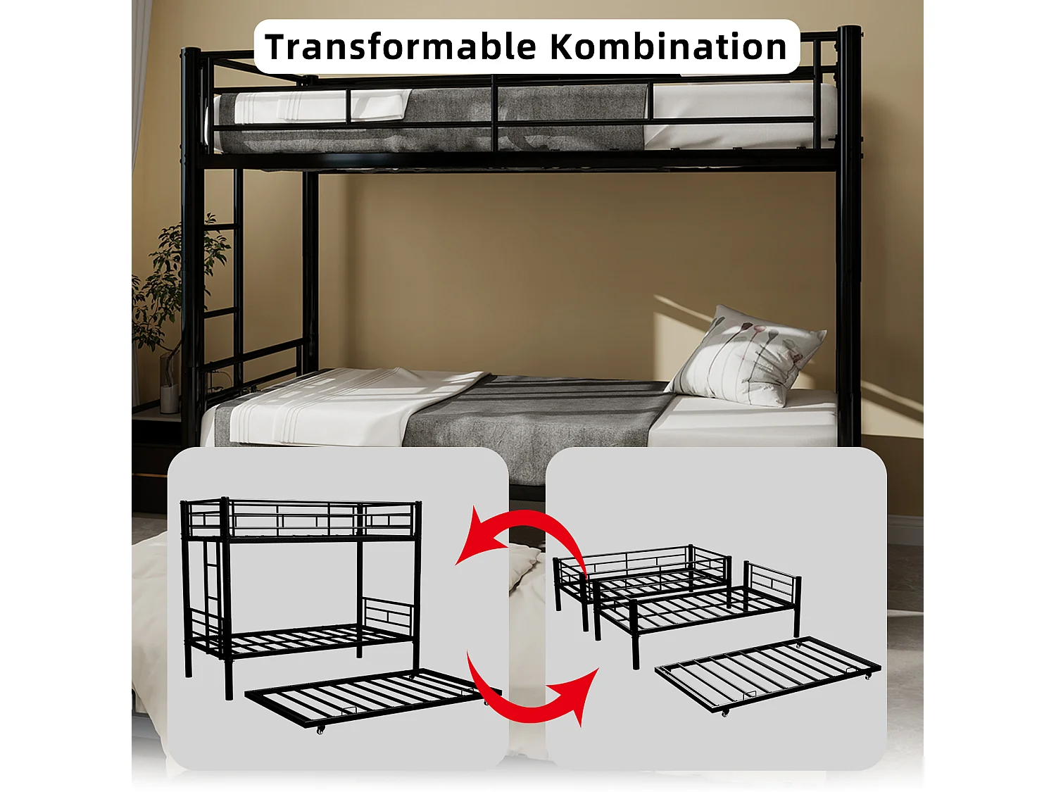 Letto a castello in metallo robusto, silenzioso e sicuro con sponda, nero (196x103x156 cm)