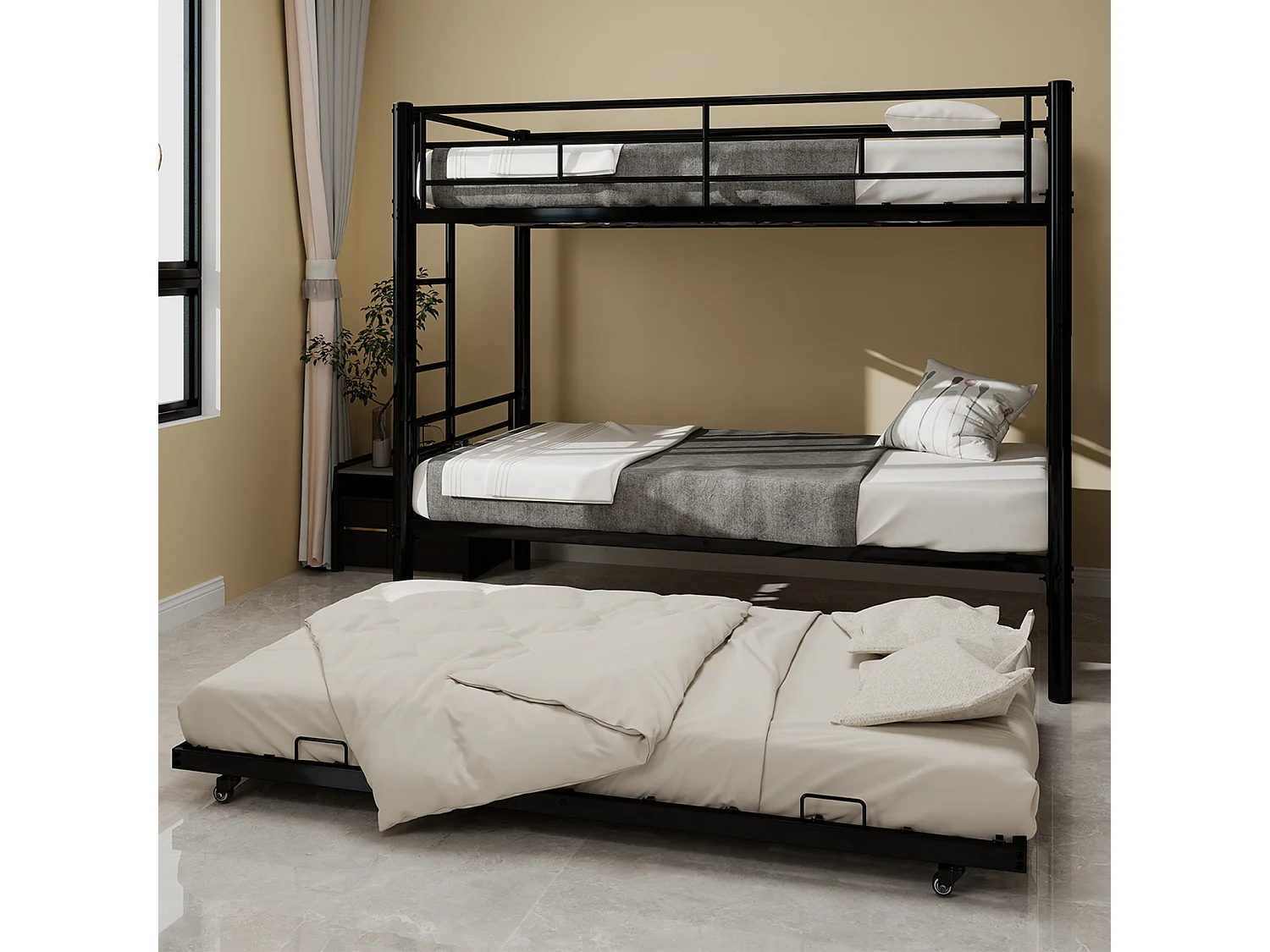 Letto a castello in metallo robusto, silenzioso e sicuro con sponda, nero (196x103x156 cm)