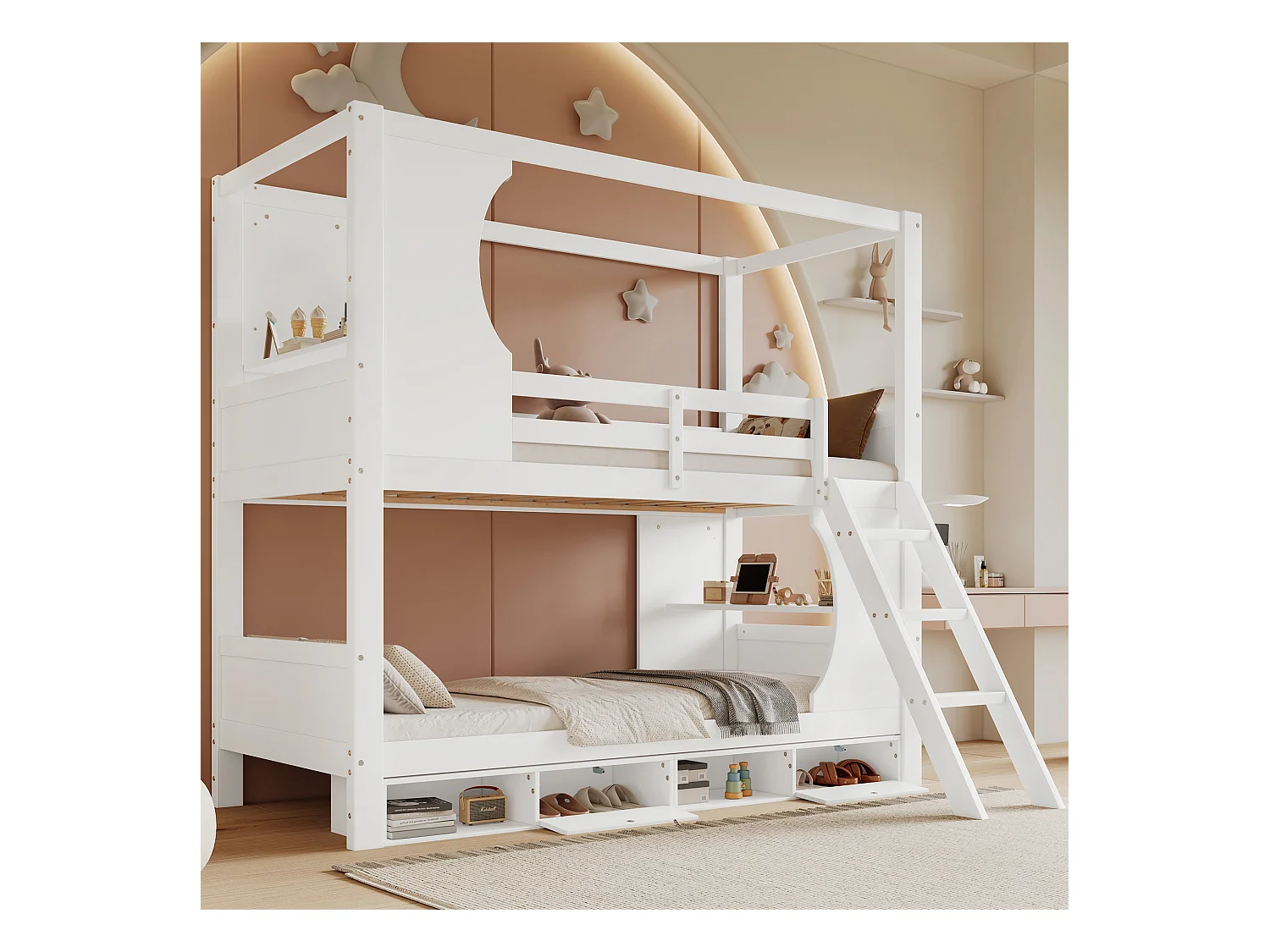 Lit superposé enfant, barrières, table intégrée, rangement chaussures, échelle inclinée, pin+MDF+CP blanc (205x145.5x193cm)