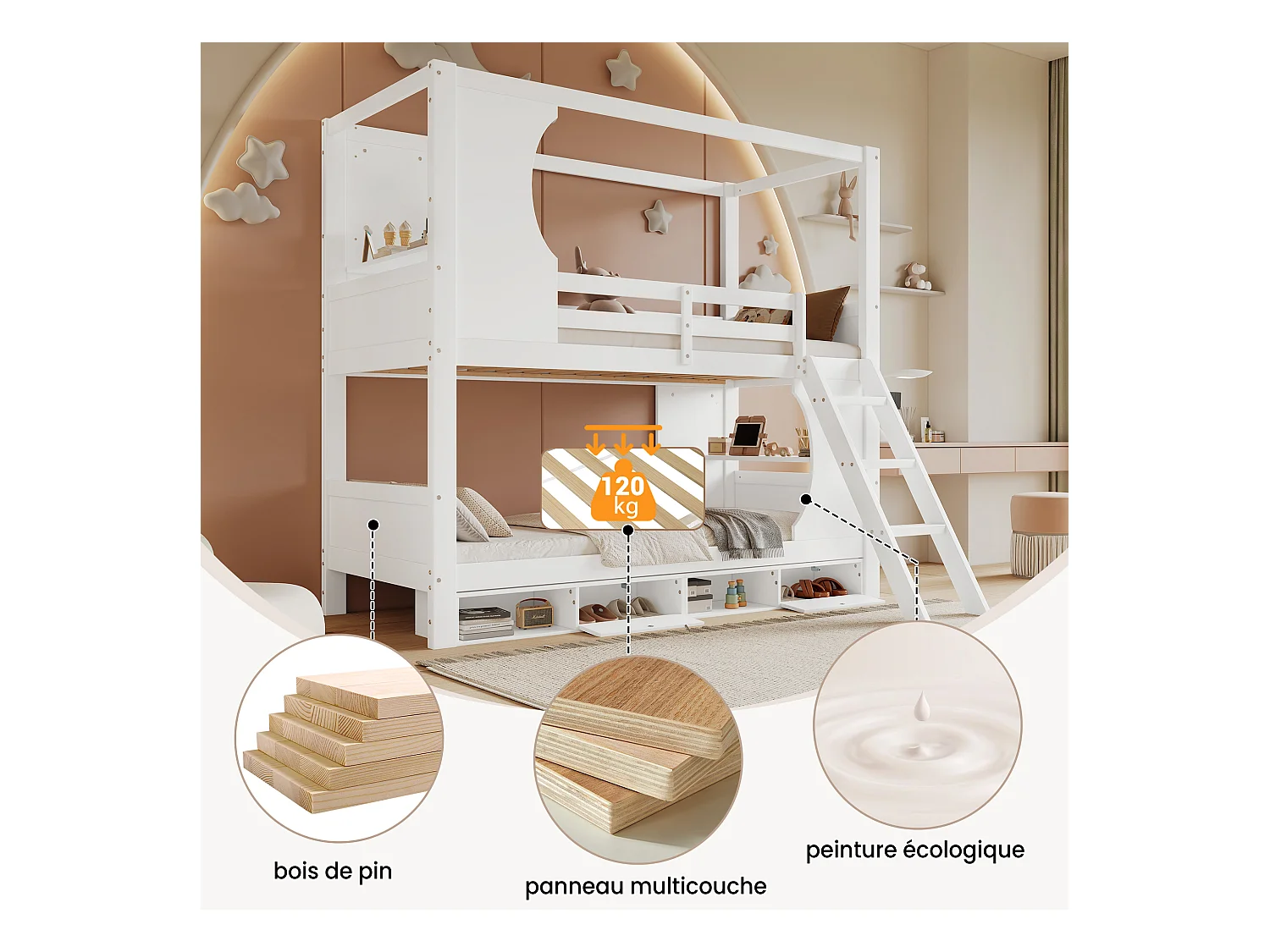 Lit superposé enfant, barrières, table intégrée, rangement chaussures, échelle inclinée, pin+MDF+CP blanc (205x145.5x193cm)