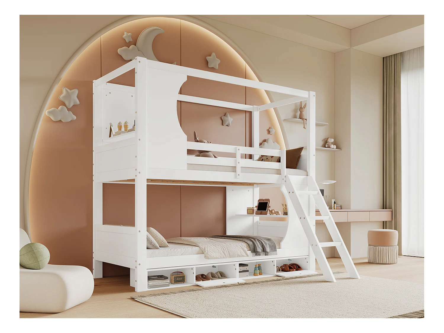 Lit superposé enfant, barrières, table intégrée, rangement chaussures, échelle inclinée, pin+MDF+CP blanc (205x145.5x193cm)