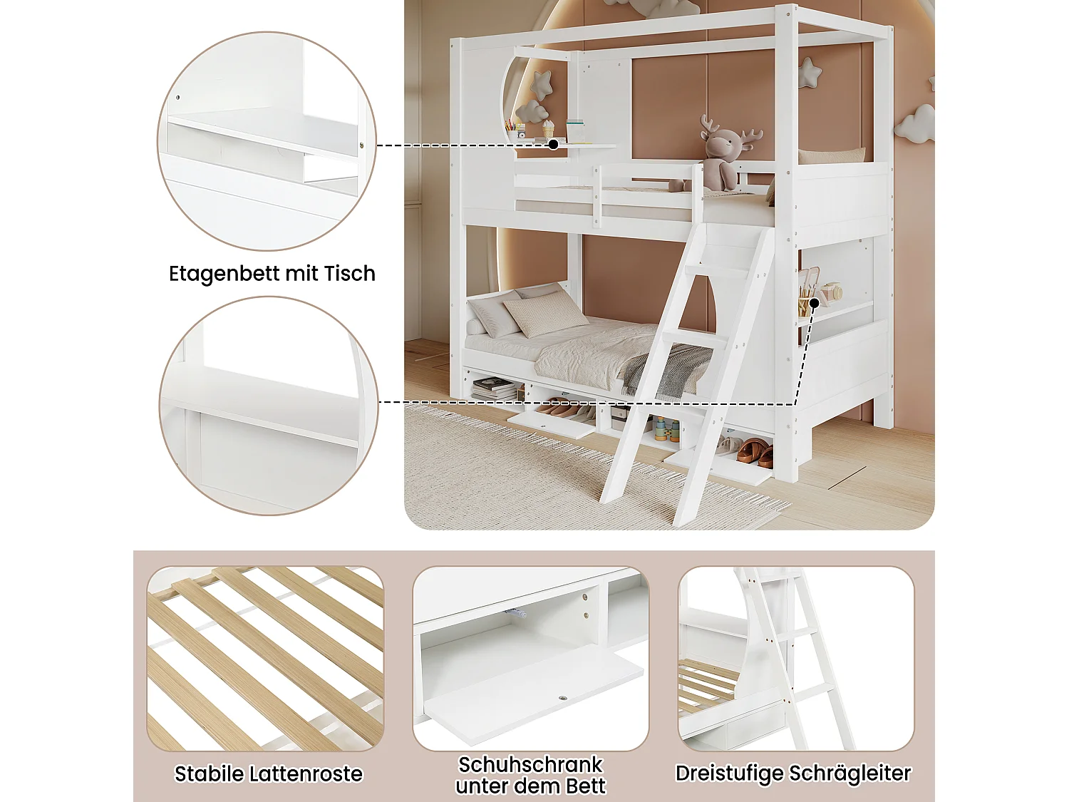 Litera infantil, barandillas, mesa incorporada, zapatero, escalera inclinada, pino + MDF + CP blanco (205x145,5x193cm)