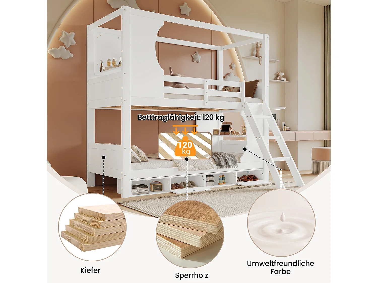 Litera infantil, barandillas, mesa incorporada, zapatero, escalera inclinada, pino + MDF + CP blanco (205x145,5x193cm)
