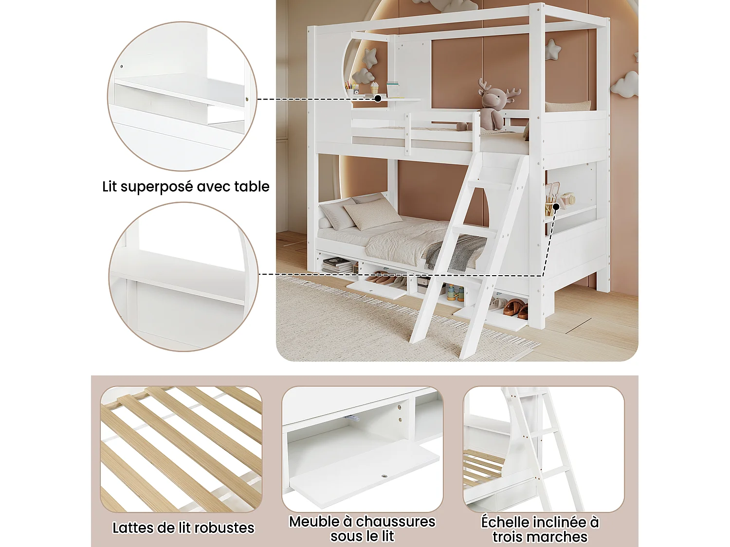Litera infantil, barandillas, mesa incorporada, zapatero, escalera inclinada, pino + MDF + CP blanco (205x145,5x193cm)