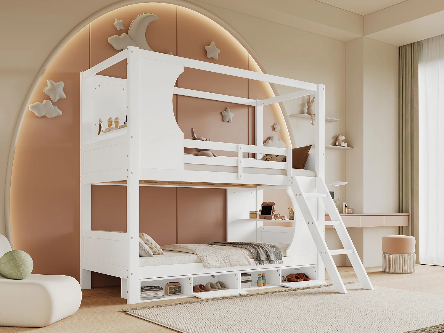 Litera infantil, barandillas, mesa incorporada, zapatero, escalera inclinada, pino + MDF + CP blanco (205x145,5x193cm)