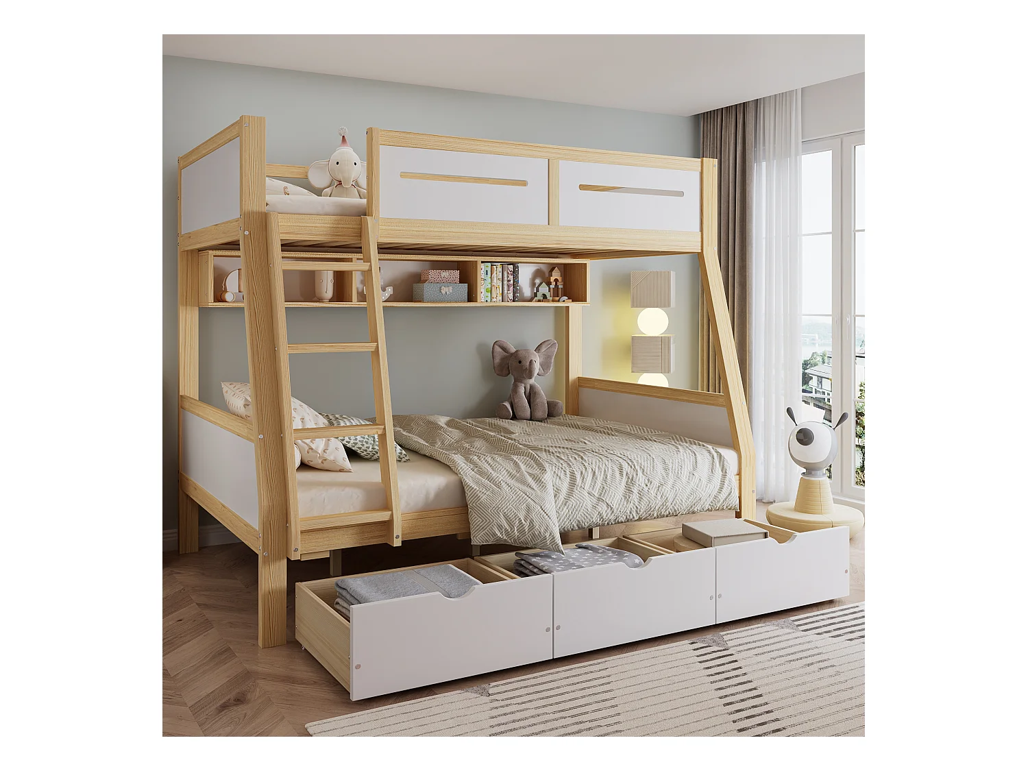 Litera infantil funcional con cajones, estantería y escalera, pino + MDF, blanco + natural (204,5x129x165cm)