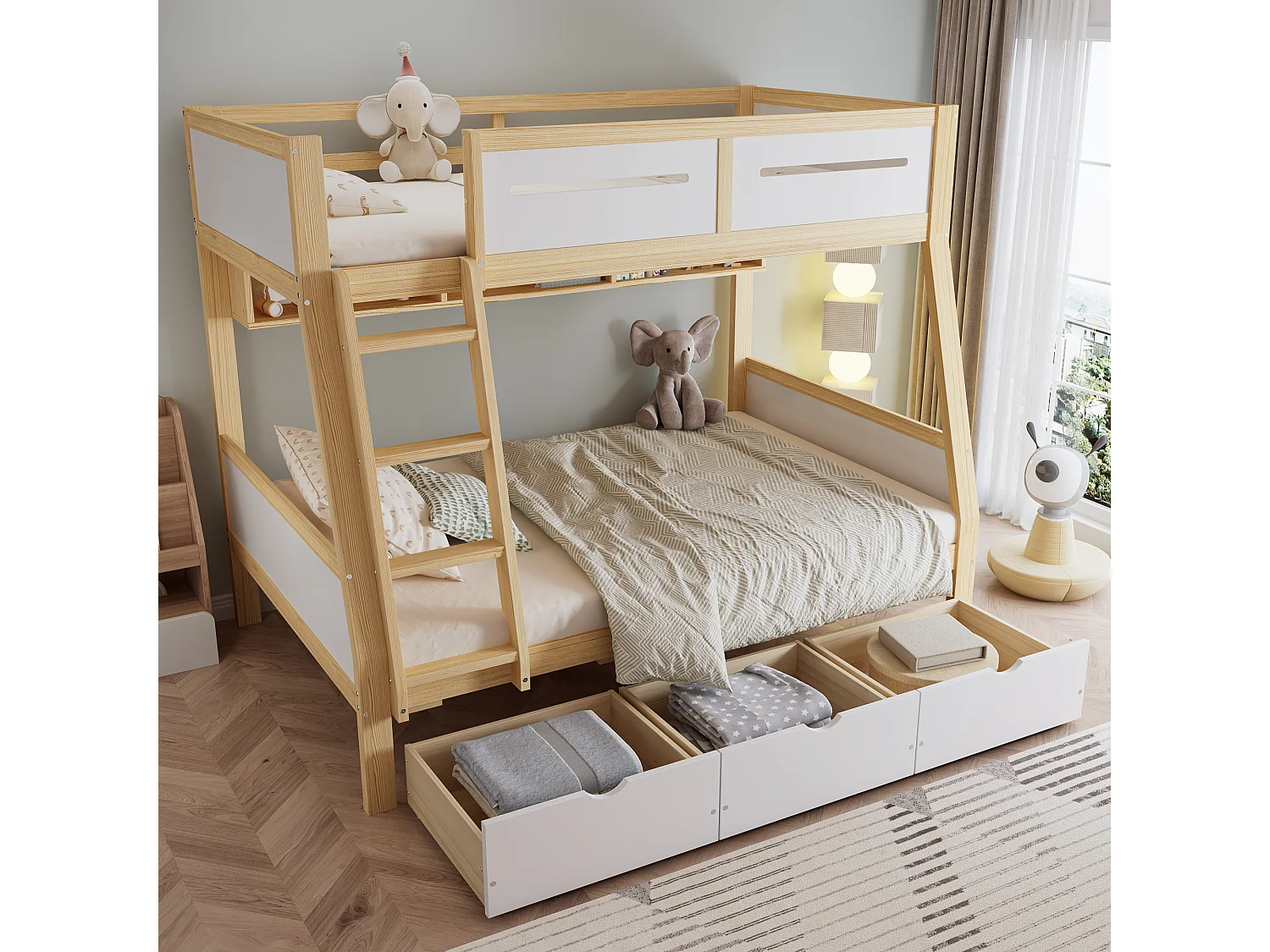 Functioneel kinderstapelbed met lades, boekenplank en ladder, grenen + MDF, wit + naturel (204,5x129x165cm)