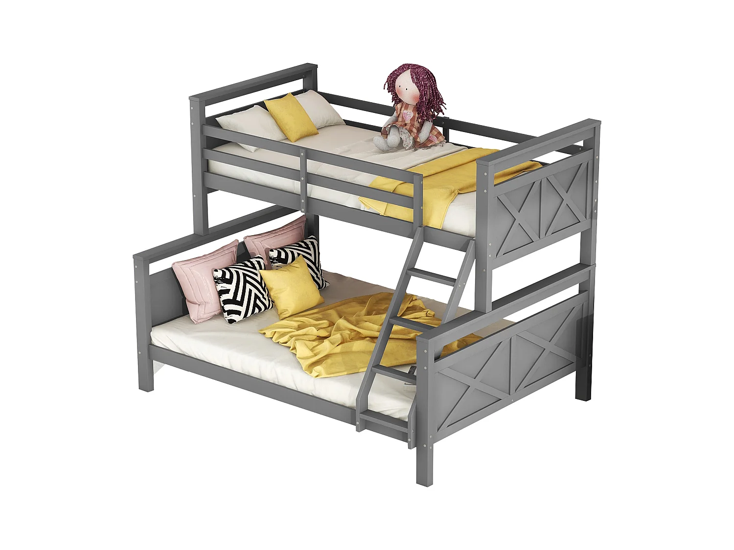 Stapelbed omvormbaar tot 2 aparte bedden, met ladder en leuning, grenen en MDF, grijs (205x145,5x162cm)