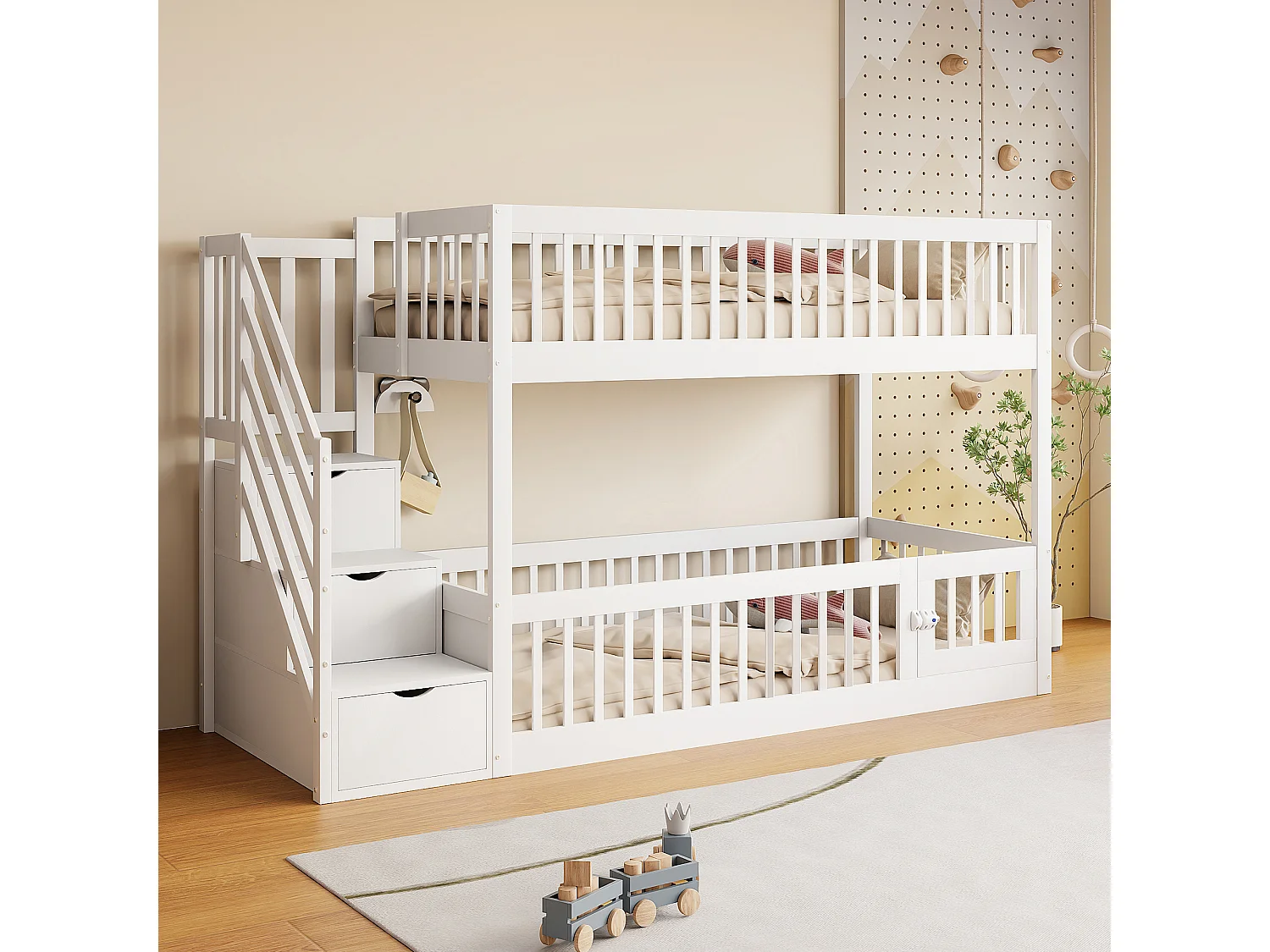 Lit superposé enfant avec escalier sécurisé et tiroirs de rangement, bois massif, blanc (90x200 cm)