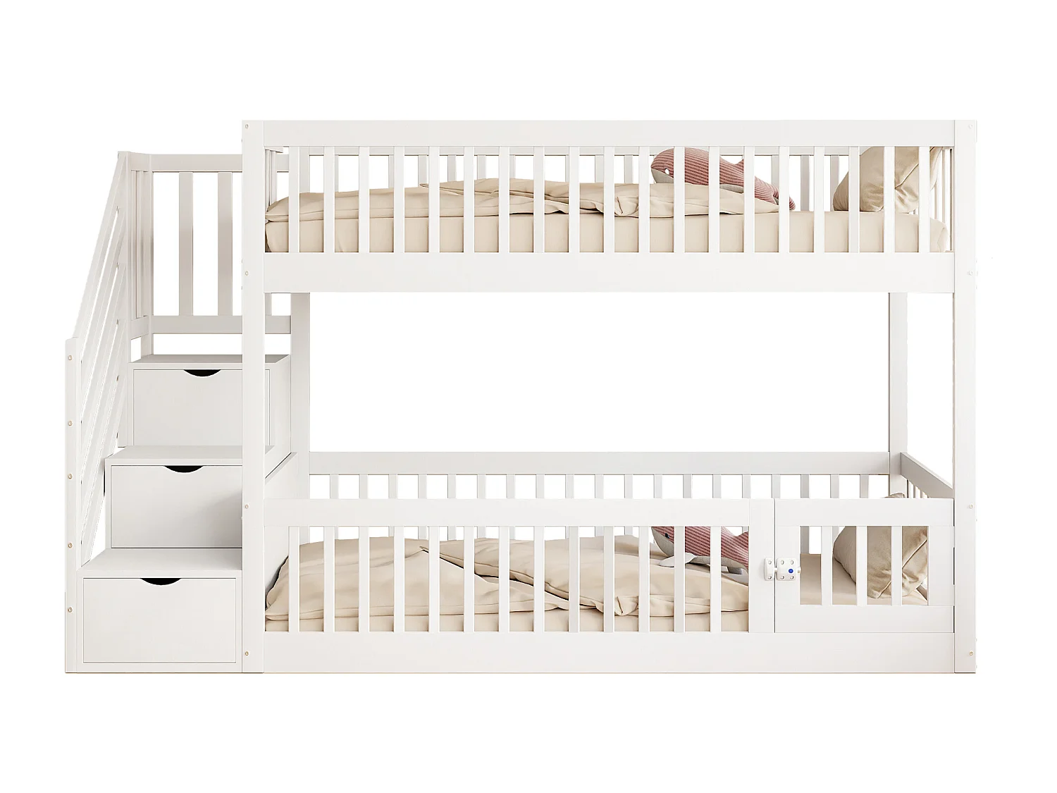 Lit superposé enfant avec escalier sécurisé et tiroirs de rangement, bois massif, blanc (90x200 cm)