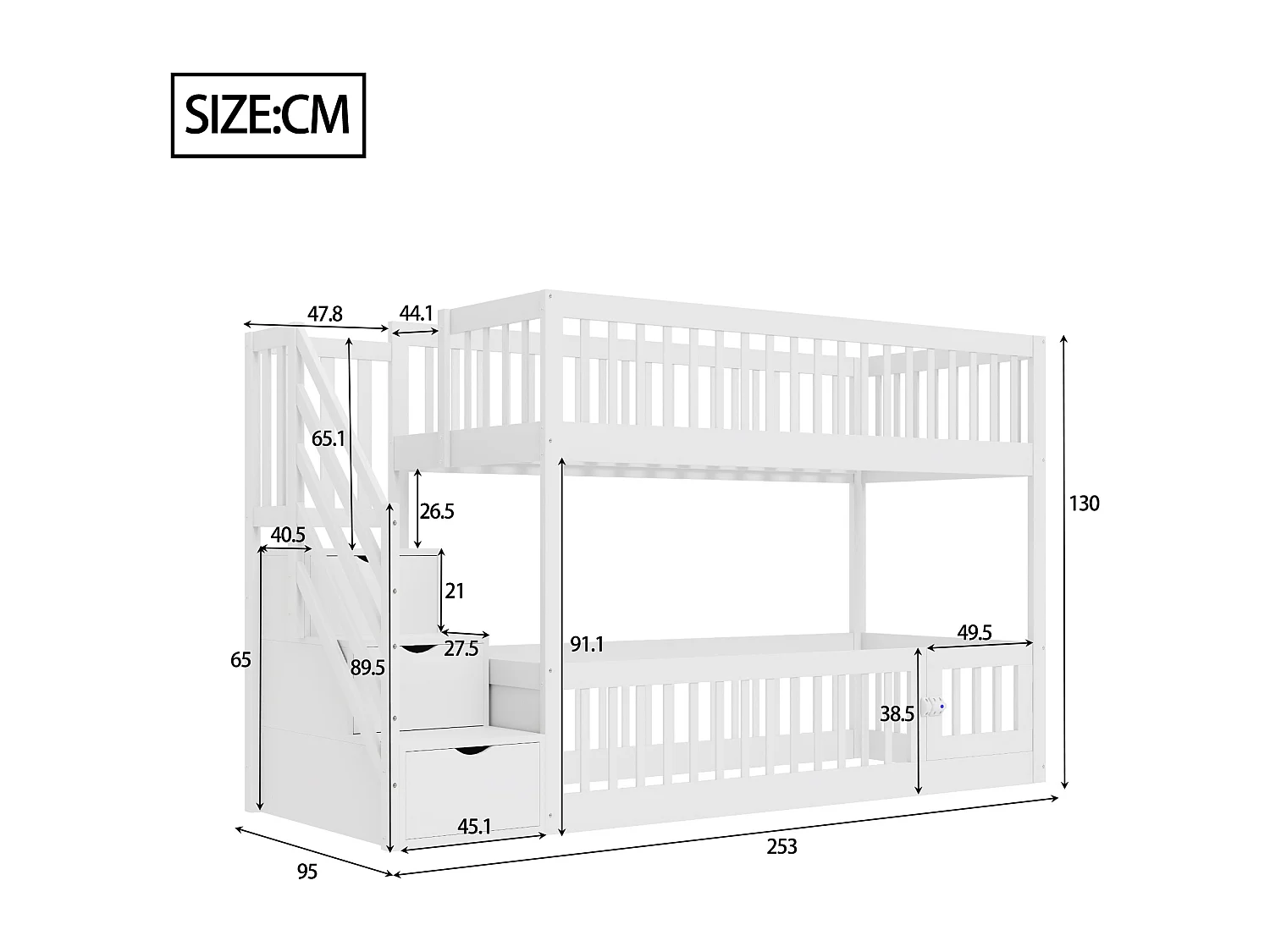 Lit superposé enfant avec escalier sécurisé et tiroirs de rangement, bois massif, blanc (90x200 cm)
