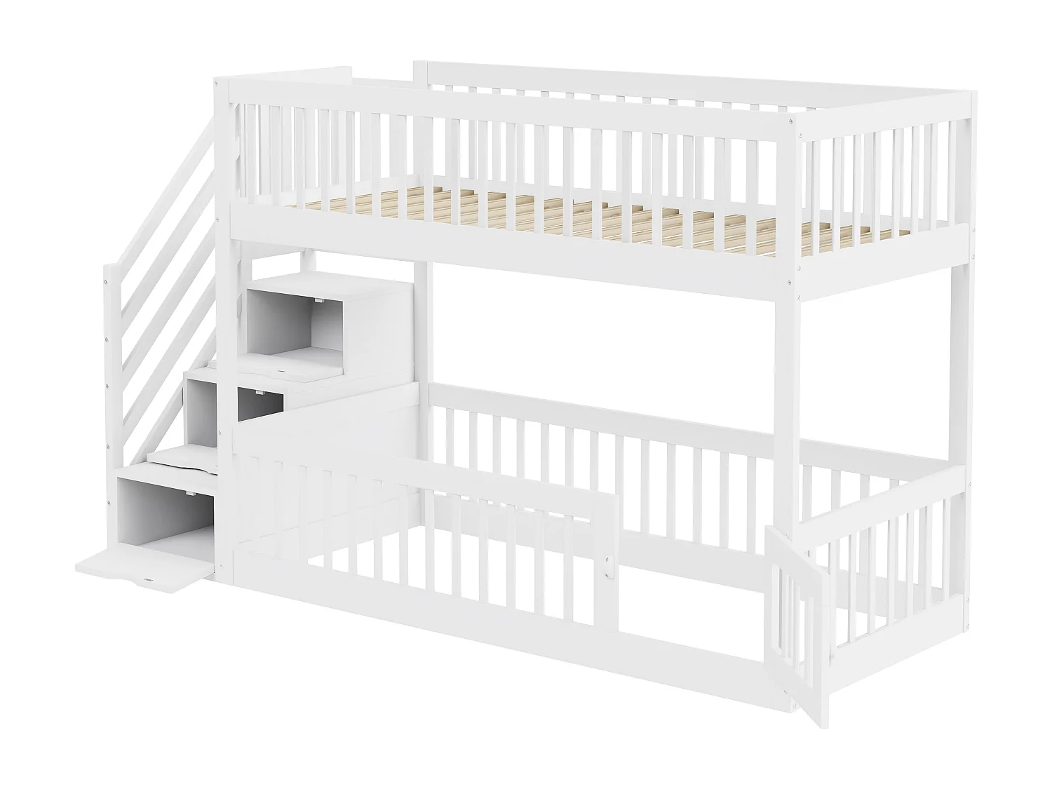 Lit superposé enfant avec escalier sécurisé et tiroirs de rangement, bois massif, blanc (90x200 cm)