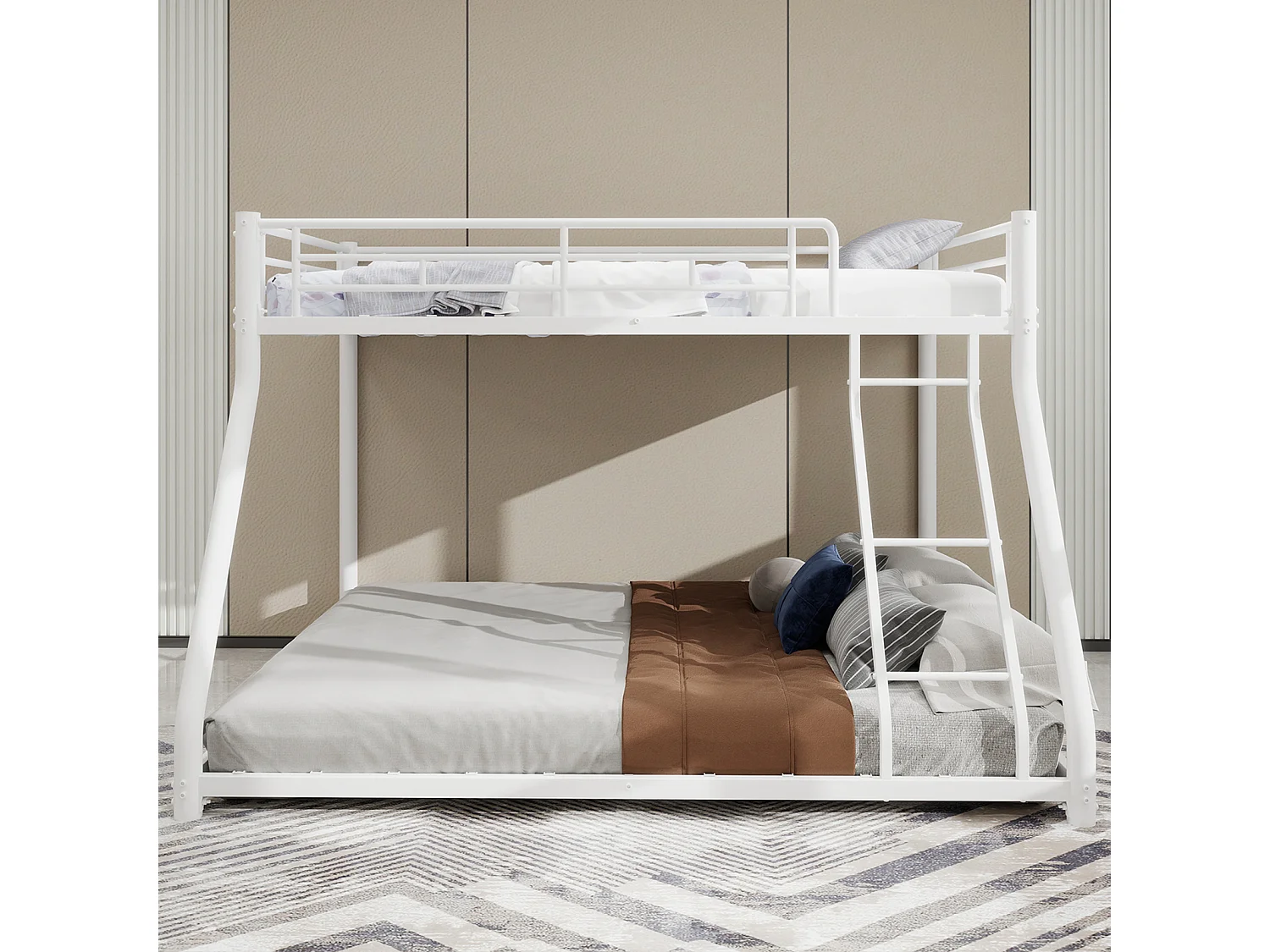 Letto a castello in metallo con due letti singoli, struttura rinforzata, ferro, bianco con scaletta e corrimano (196x140x156cm)