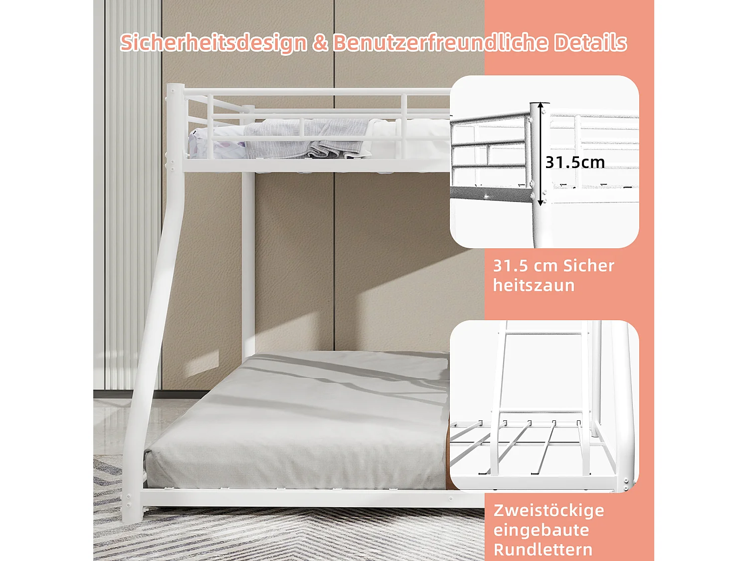Letto a castello in metallo con due letti singoli, struttura rinforzata, ferro, bianco con scaletta e corrimano (196x140x156cm)