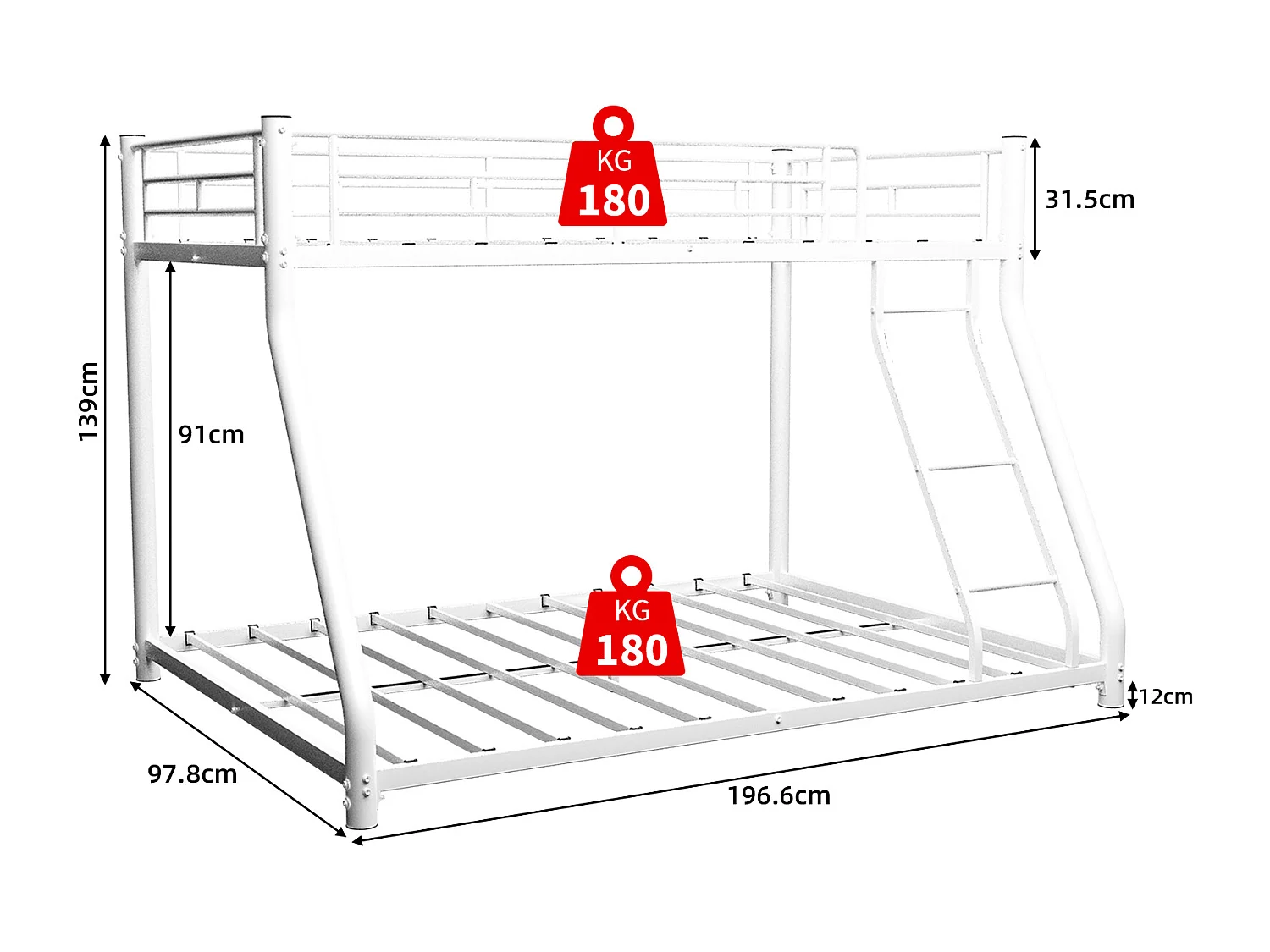 Letto a castello in metallo con due letti singoli, struttura rinforzata, ferro, bianco con scaletta e corrimano (196x140x156cm)