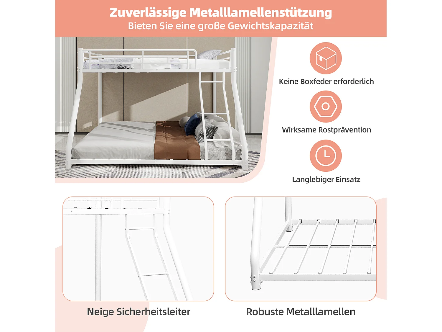 Letto a castello in metallo con due letti singoli, struttura rinforzata, ferro, bianco con scaletta e corrimano (196x140x156cm)