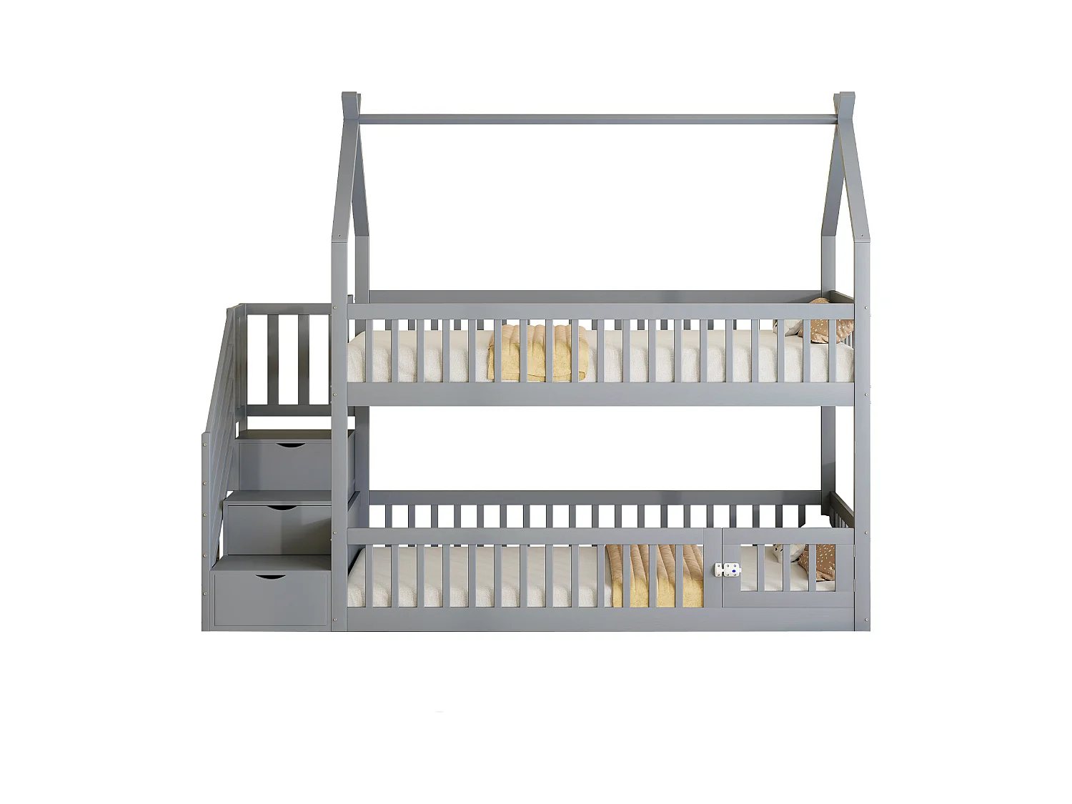 Lit superposé enfant avec toit, escalier sécurisé et tiroirs de rangement, en bois massif, gris (90x200 cm)