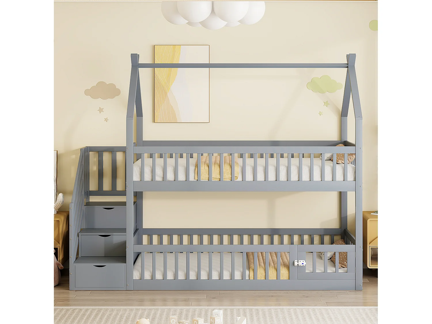 Lit superposé enfant avec toit, escalier sécurisé et tiroirs de rangement, en bois massif, gris (90x200 cm)