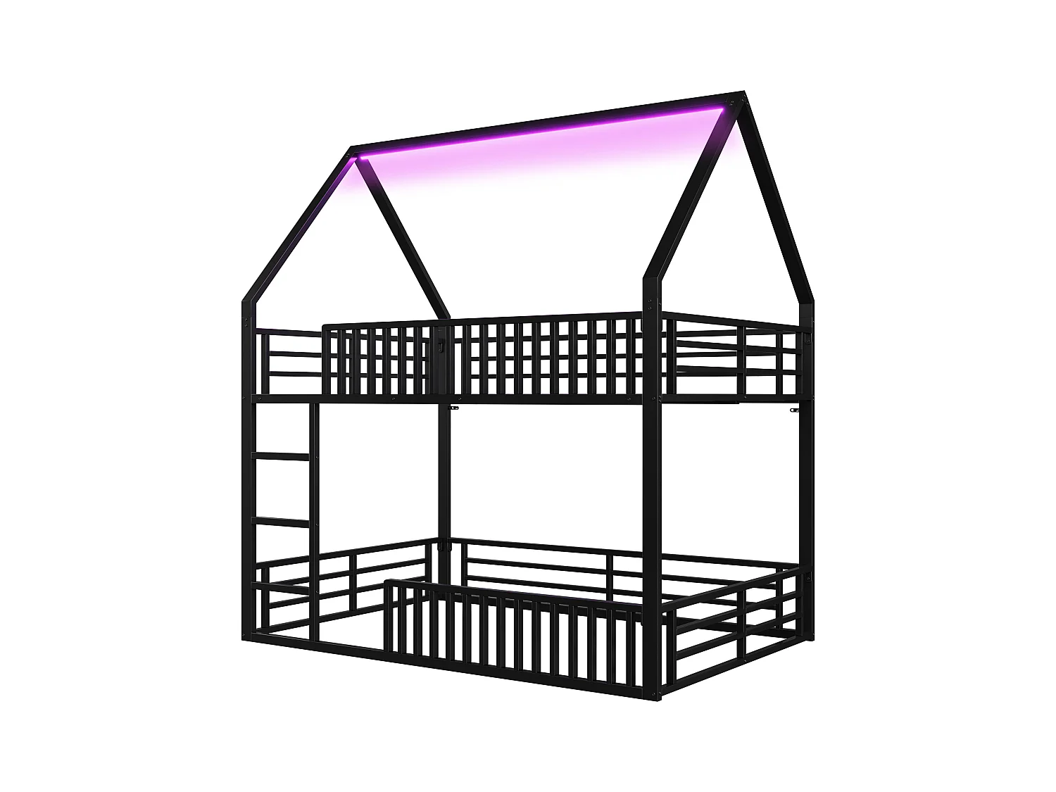 Lit superposé en forme de maison avec barrière et éclairage LED, métal, noir (140x200x214cm)