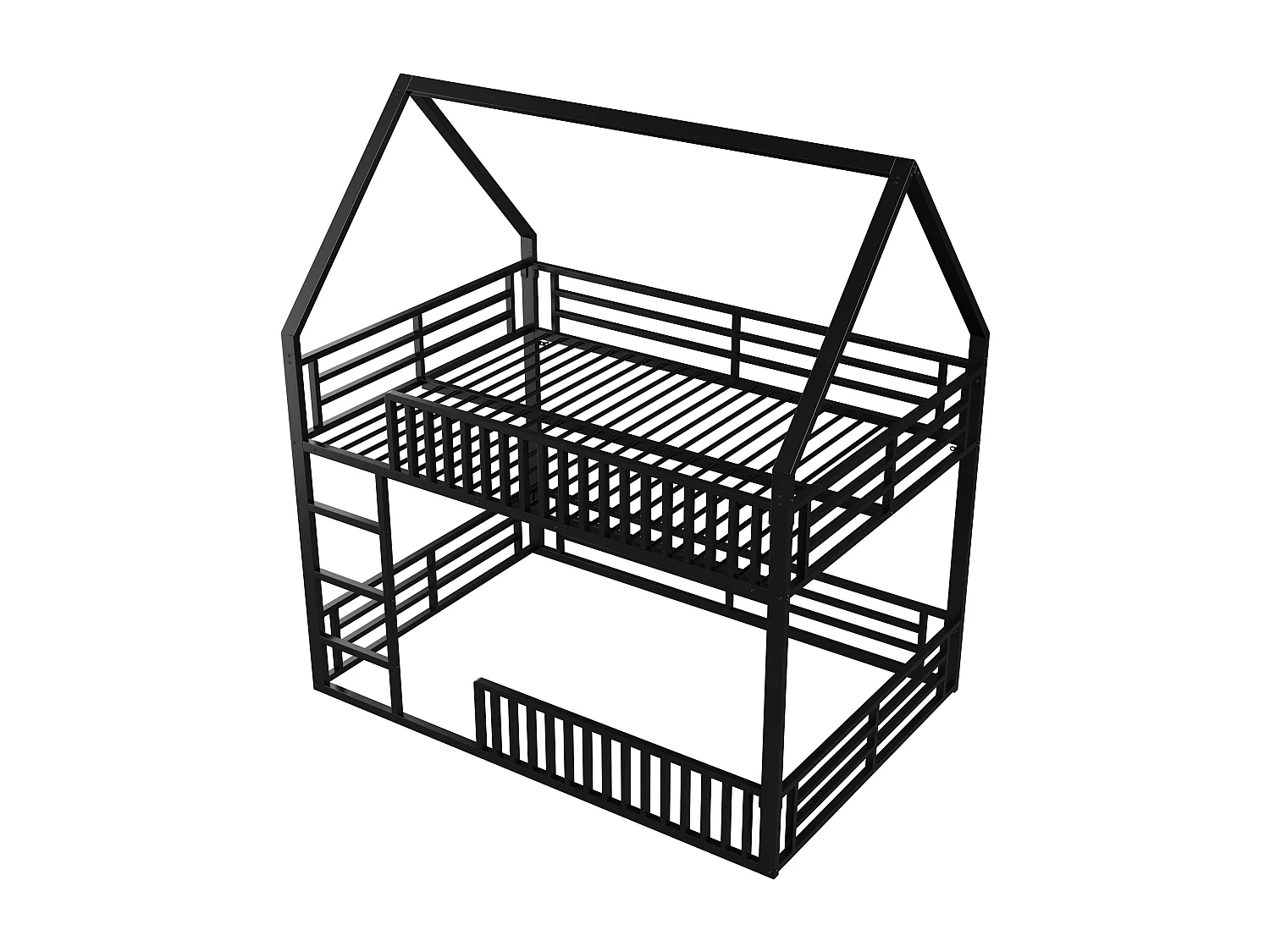 Lit superposé en forme de maison avec barrière et éclairage LED, métal, noir (140x200x214cm)