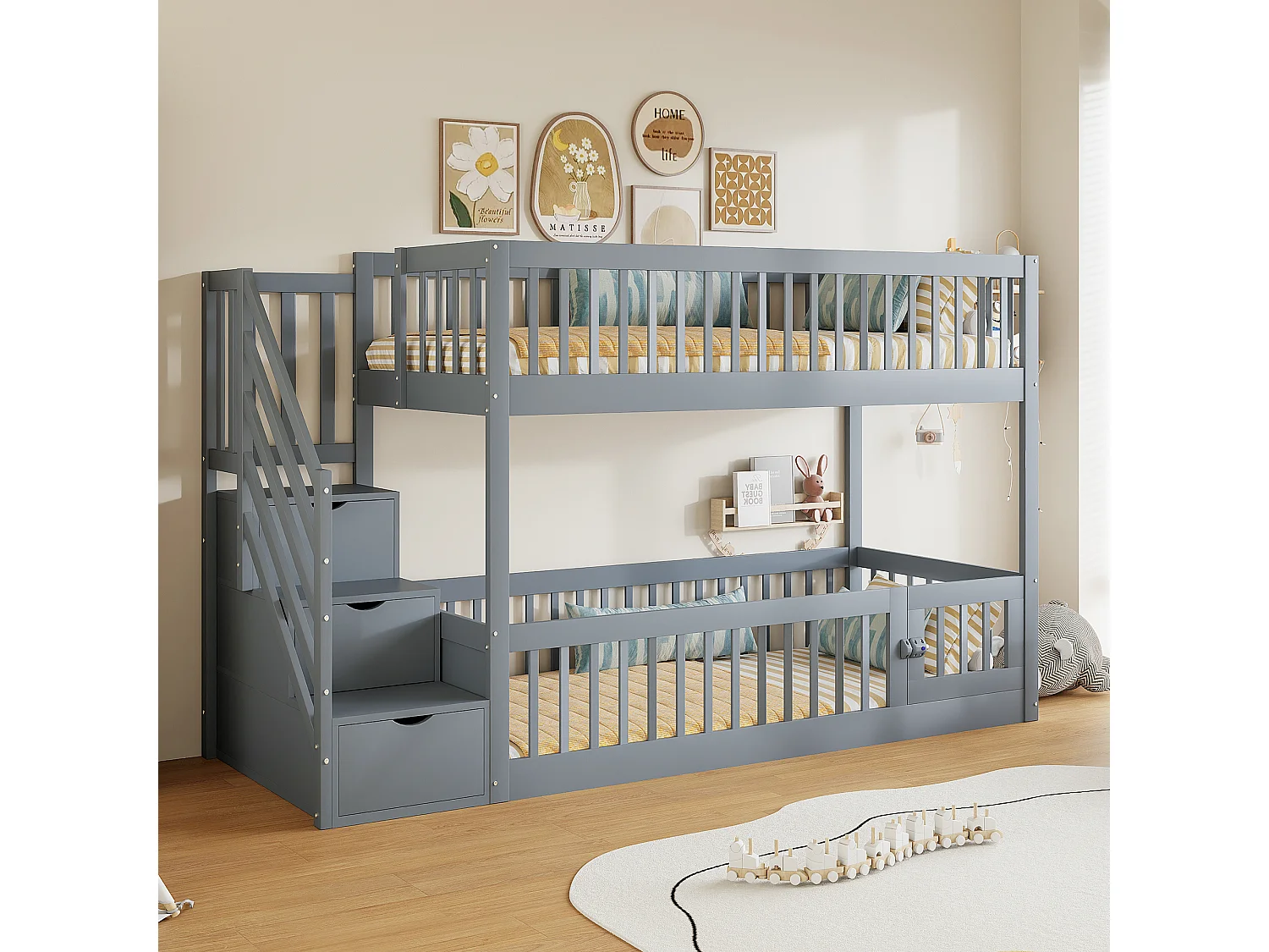 Stapelbed 90x200 cm met veilige trap en opberglades, massief hout, grijs (253x91x130cm)