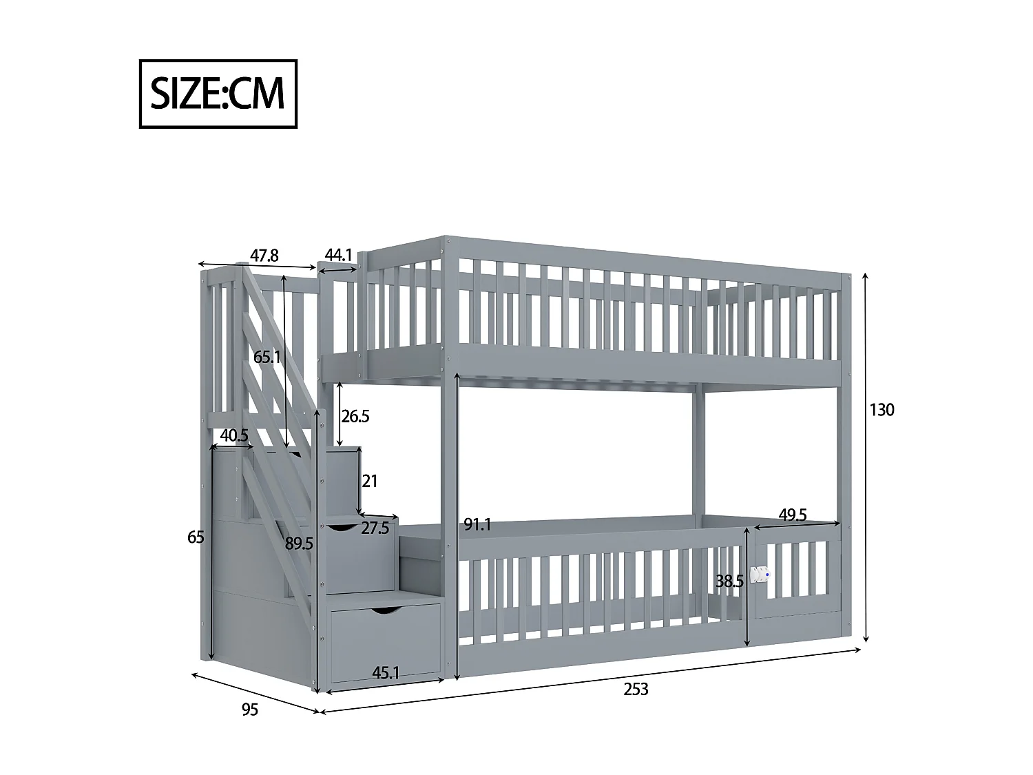 Stapelbed 90x200 cm met veilige trap en opberglades, massief hout, grijs (253x91x130cm)