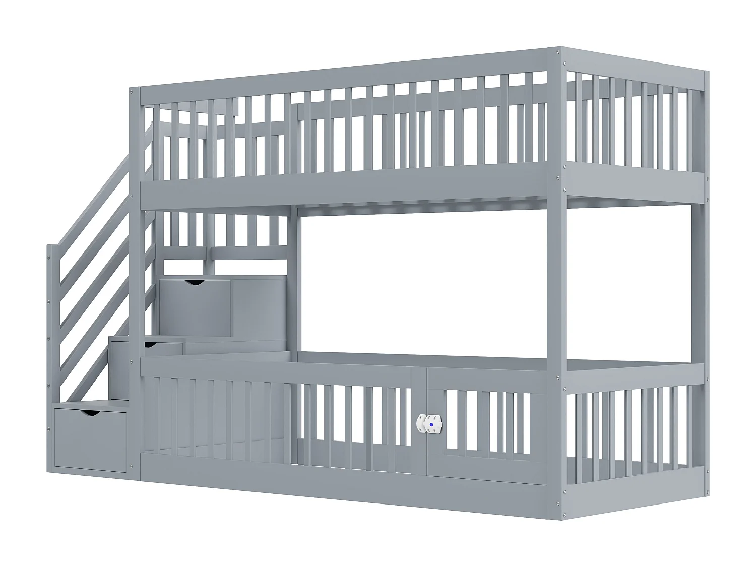 Stapelbed 90x200 cm met veilige trap en opberglades, massief hout, grijs (253x91x130cm)