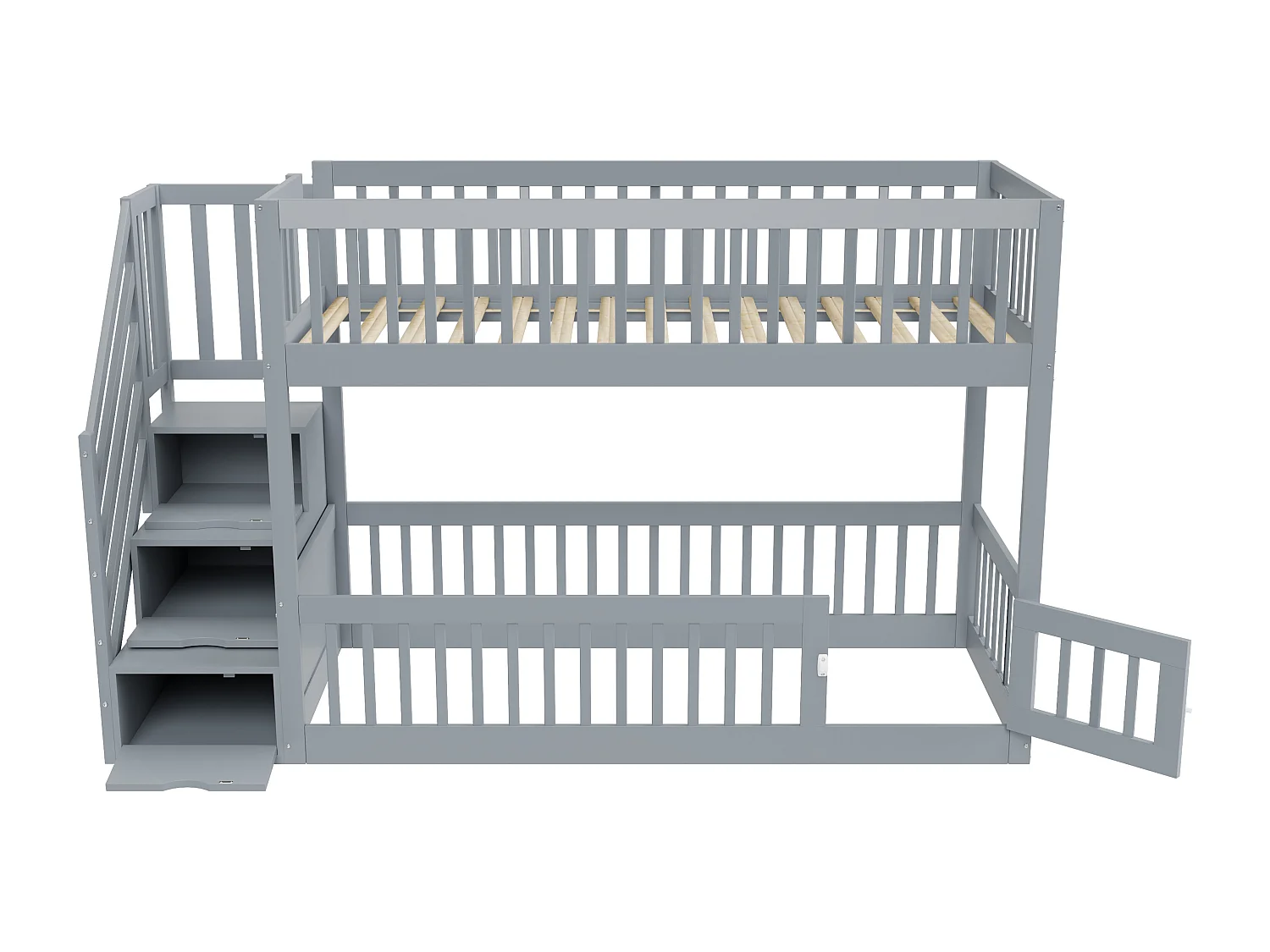 Stapelbed 90x200 cm met veilige trap en opberglades, massief hout, grijs (253x91x130cm)