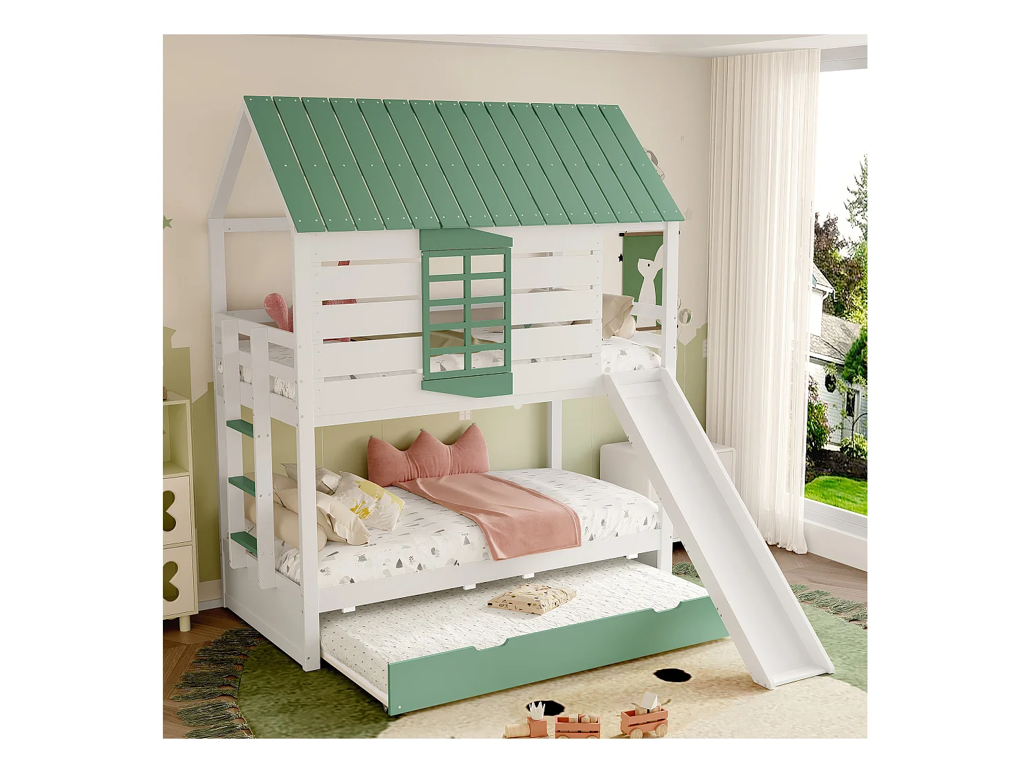 Casetta con letto a castello, scivolo e letto pieghevole, bianco+verde, MDF e pino (205,4x236,5x228,6 cm)