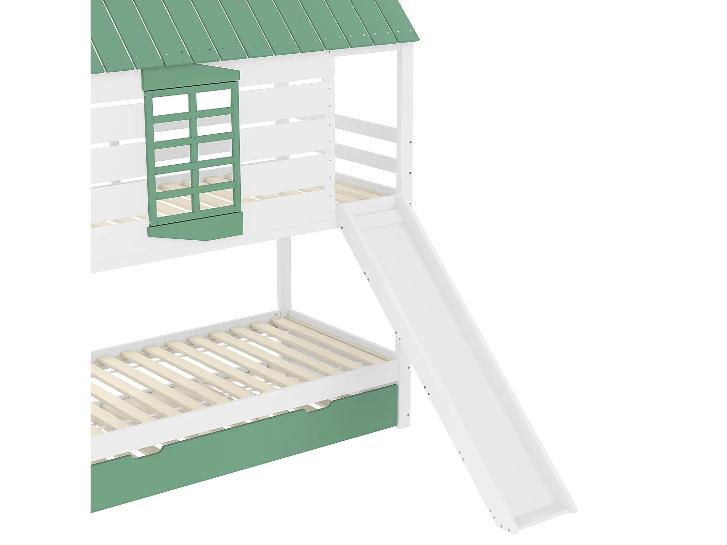Casetta con letto a castello, scivolo e letto pieghevole, bianco+verde, MDF e pino (205,4x236,5x228,6 cm)