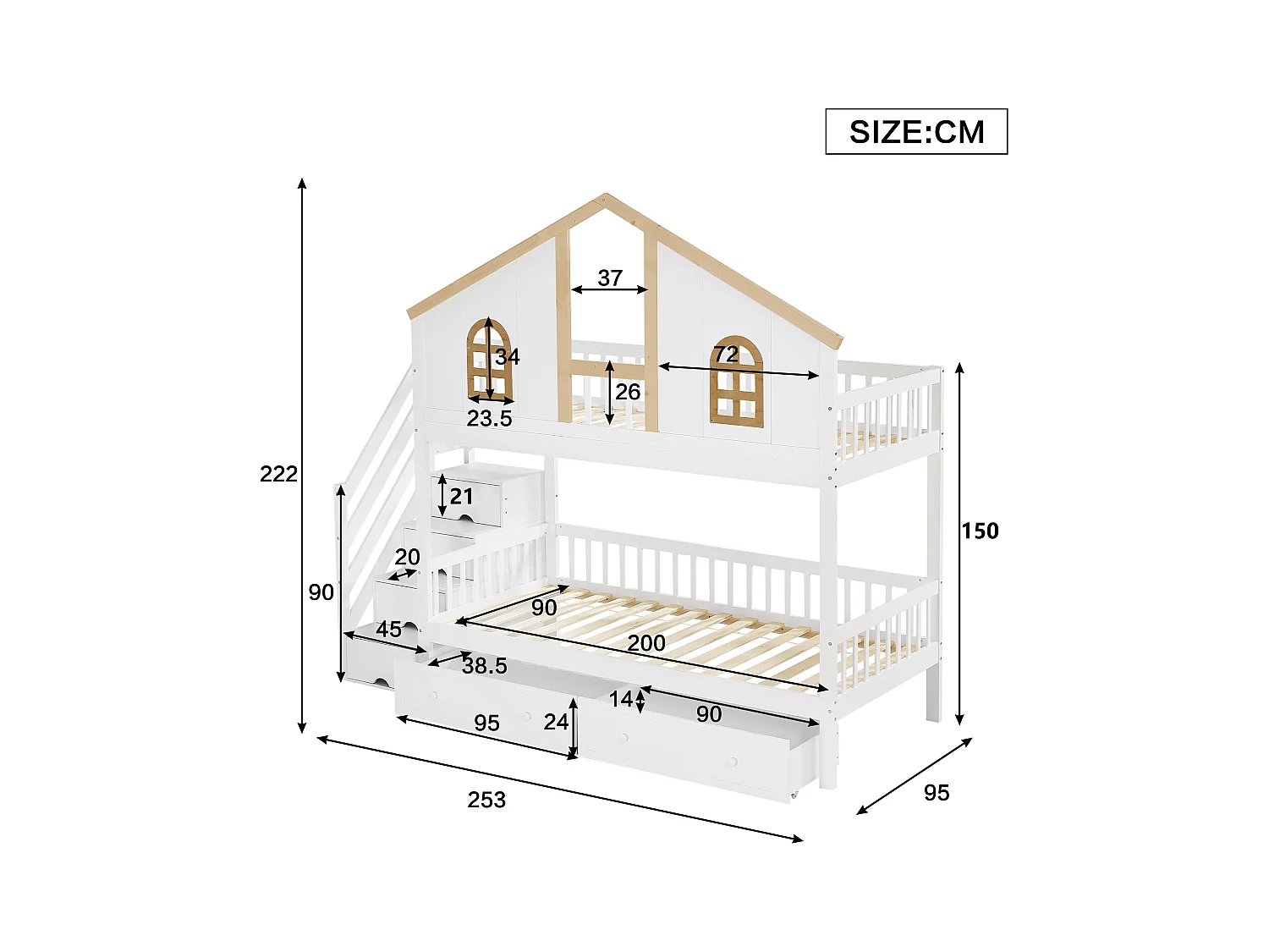 Lit superposé enfant avec protection colorée, fenêtre, 2 tiroirs et escalier 4 rangements, pin+MDF, blanc+nature (253x95x222cm)