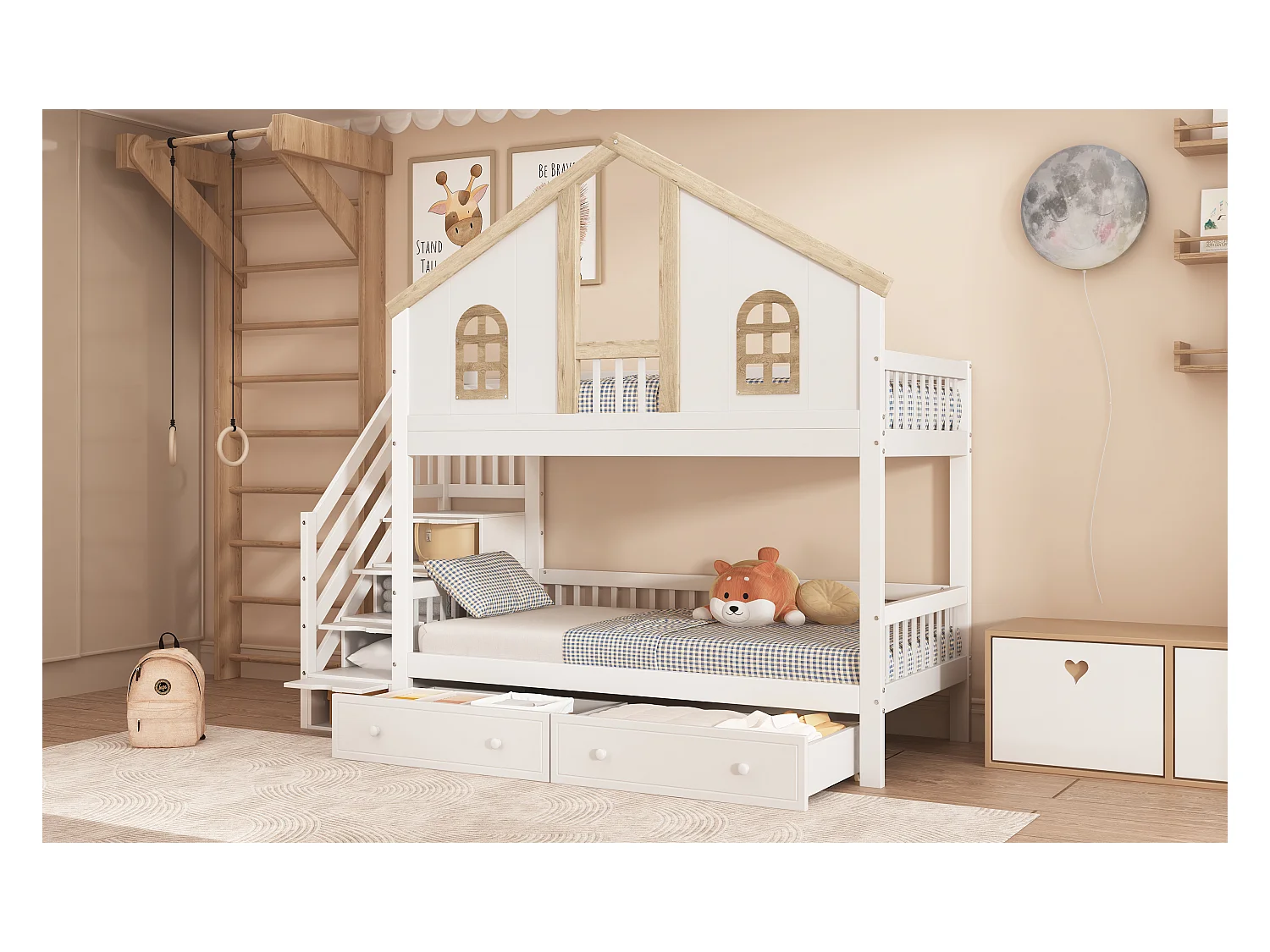 Lit superposé enfant avec protection colorée, fenêtre, 2 tiroirs et escalier 4 rangements, pin+MDF, blanc+nature (253x95x222cm)