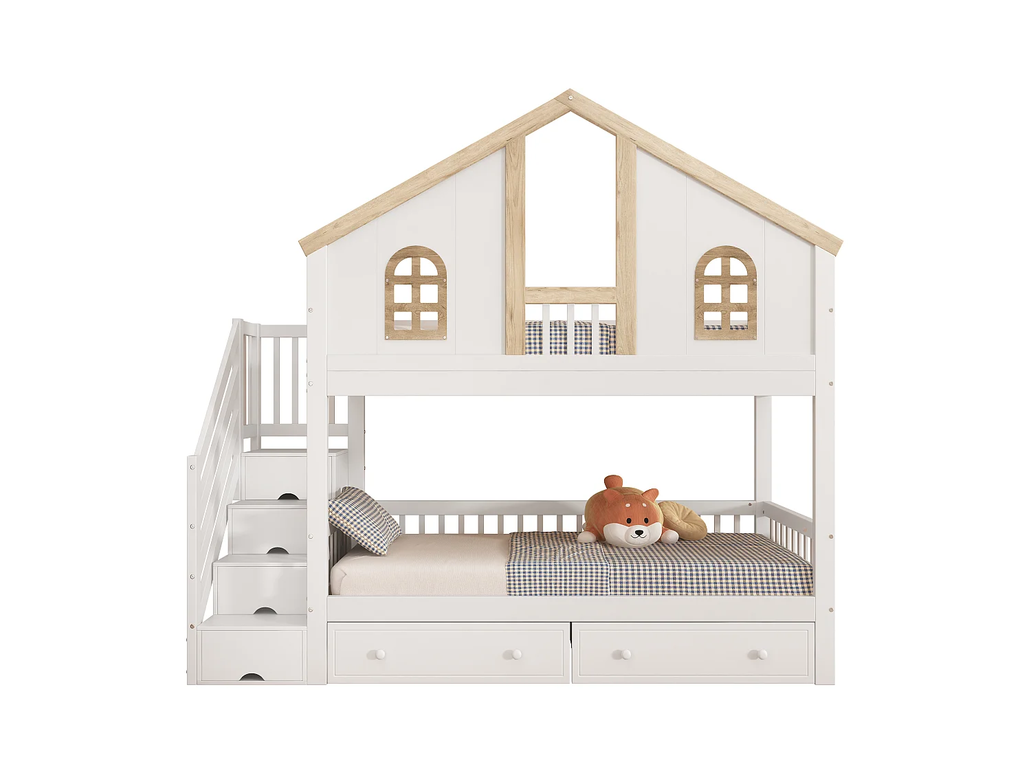 Lit superposé enfant avec protection colorée, fenêtre, 2 tiroirs et escalier 4 rangements, pin+MDF, blanc+nature (253x95x222cm)