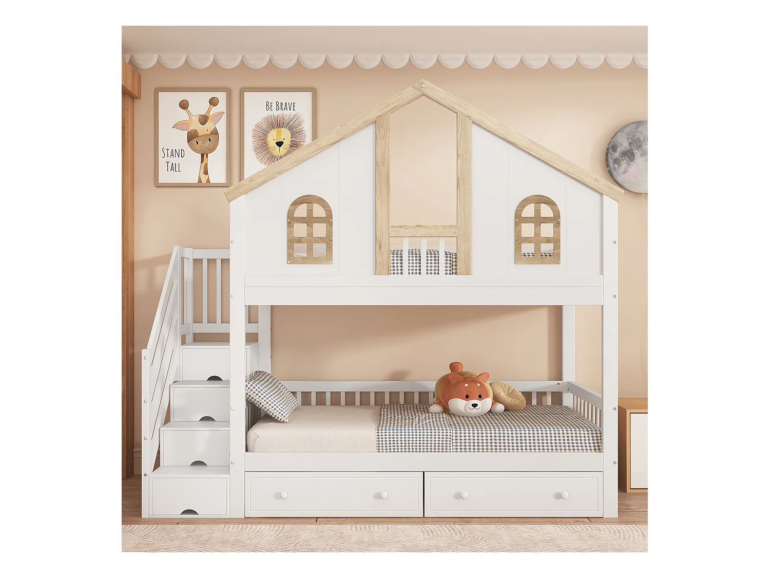 Letto a castello per bambini con protezione colorata, finestra, 2 cassetti e 4 scalette portaoggetti, pino + MDF, bianco + naturale (253x95x222cm)