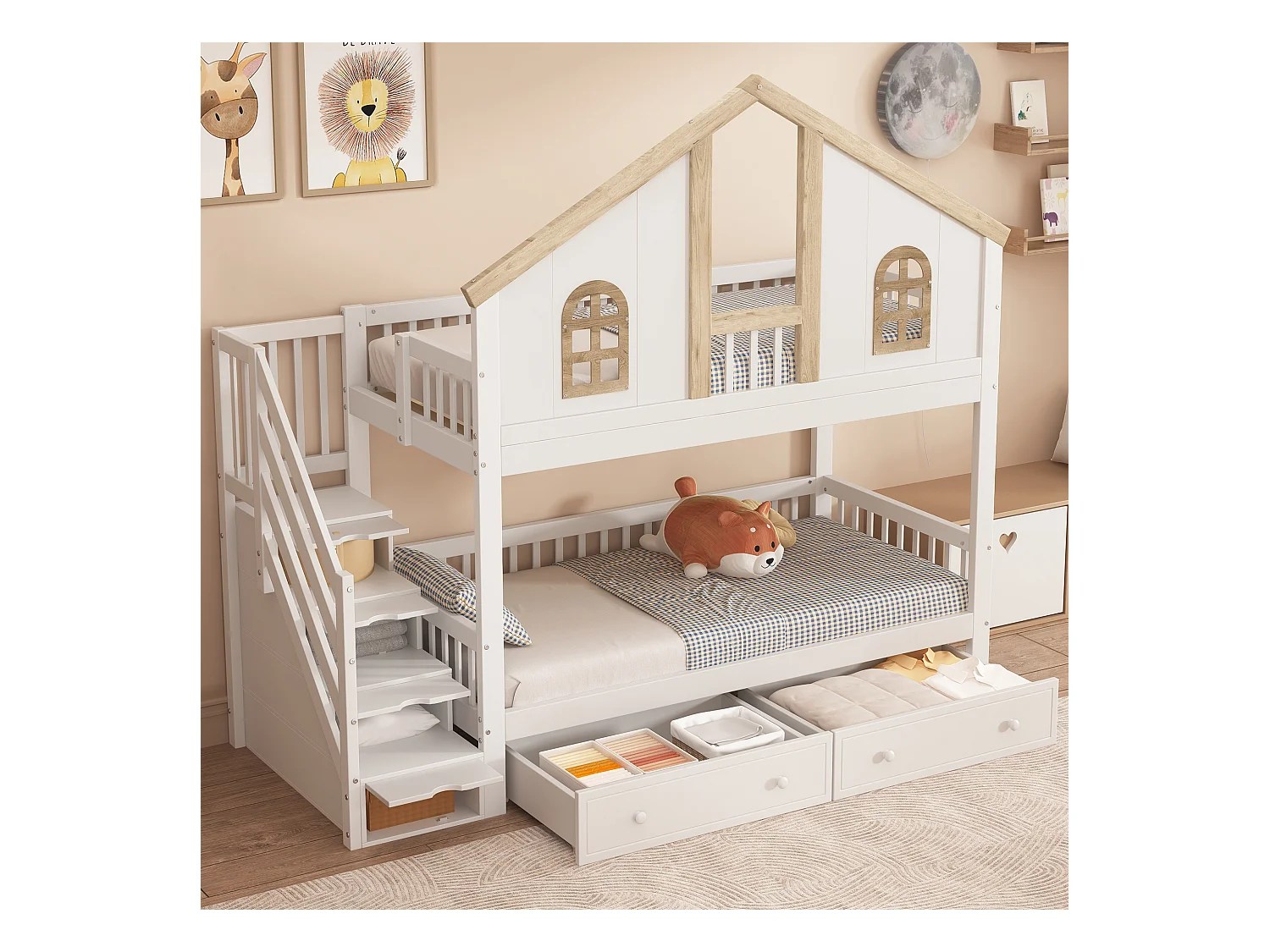 Letto a castello per bambini con protezione colorata, finestra, 2 cassetti e 4 scalette portaoggetti, pino + MDF, bianco + naturale (253x95x222cm)