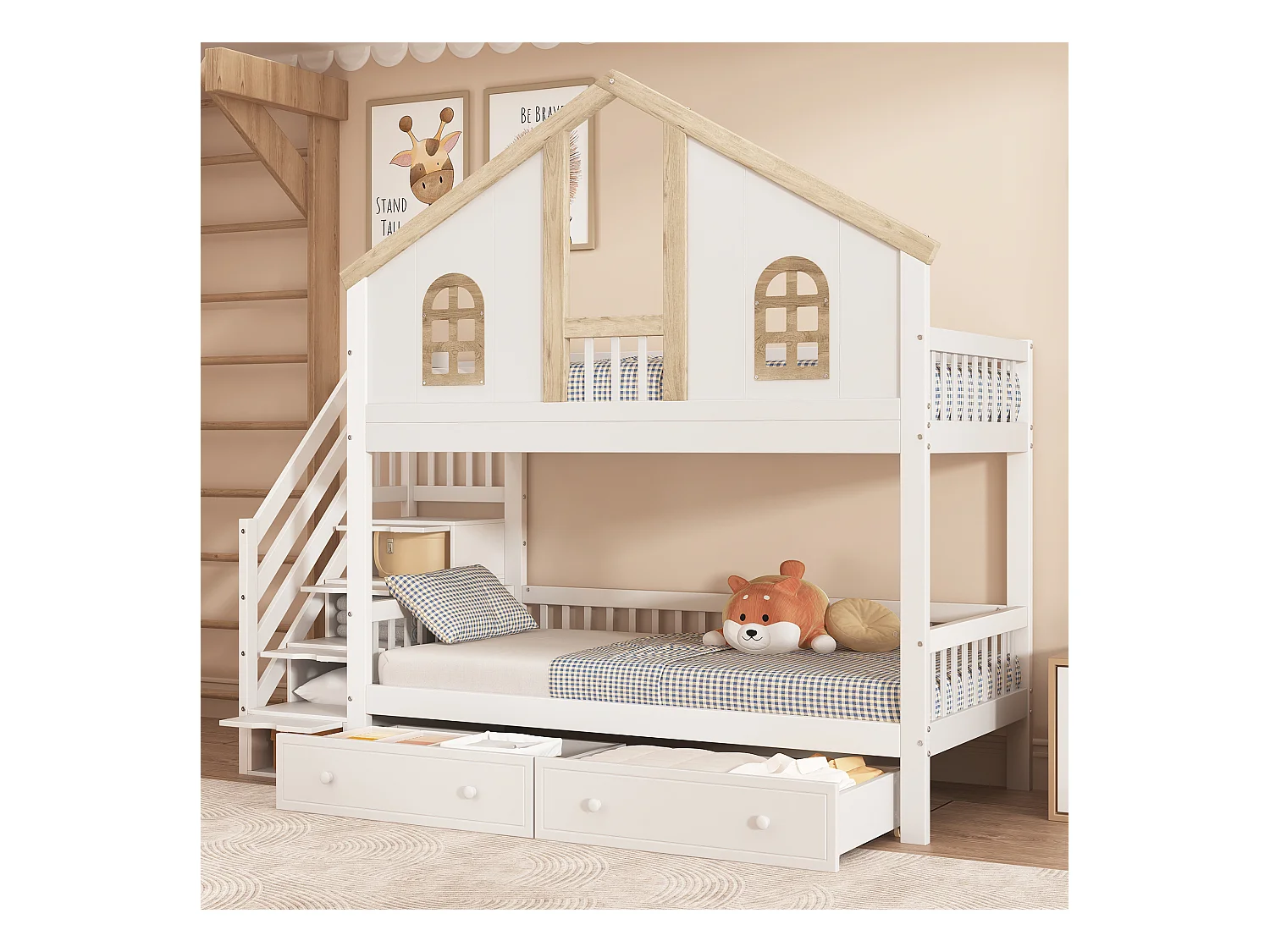 Letto a castello per bambini con protezione colorata, finestra, 2 cassetti e 4 scalette portaoggetti, pino + MDF, bianco + naturale (253x95x222cm)