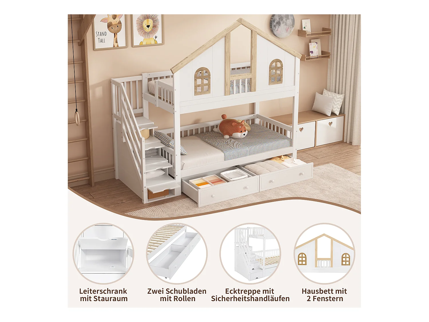 Letto a castello per bambini con protezione colorata, finestra, 2 cassetti e 4 scalette portaoggetti, pino + MDF, bianco + naturale (253x95x222cm)