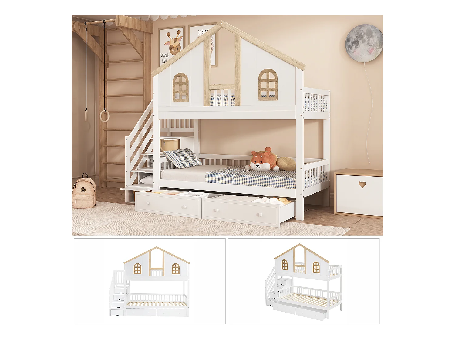 Letto a castello per bambini con protezione colorata, finestra, 2 cassetti e 4 scalette portaoggetti, pino + MDF, bianco + naturale (253x95x222cm)
