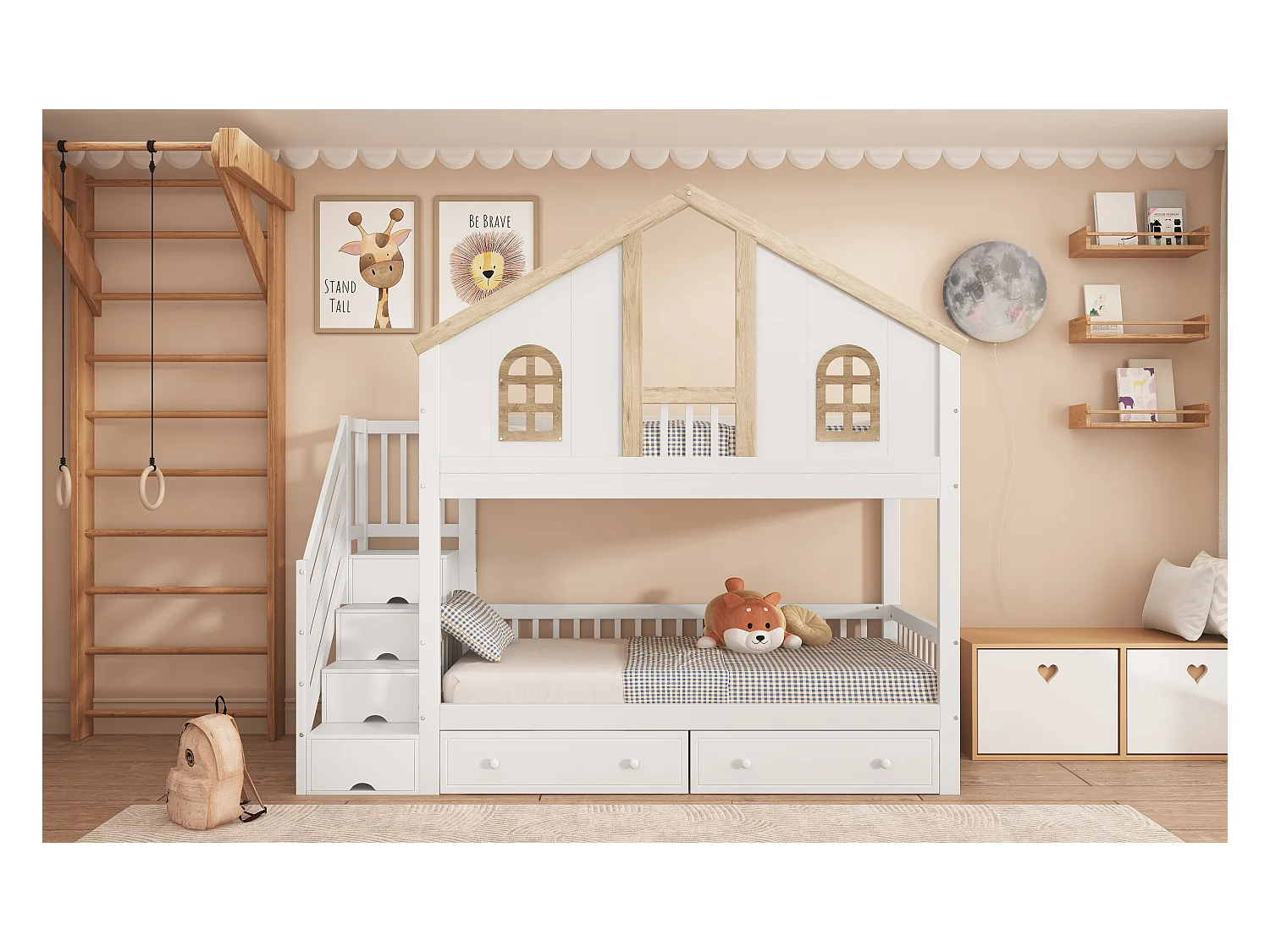 Letto a castello per bambini con protezione colorata, finestra, 2 cassetti e 4 scalette portaoggetti, pino + MDF, bianco + naturale (253x95x222cm)