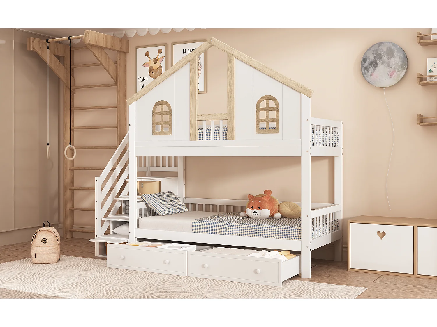 Letto a castello per bambini con protezione colorata, finestra, 2 cassetti e 4 scalette portaoggetti, pino + MDF, bianco + naturale (253x95x222cm)