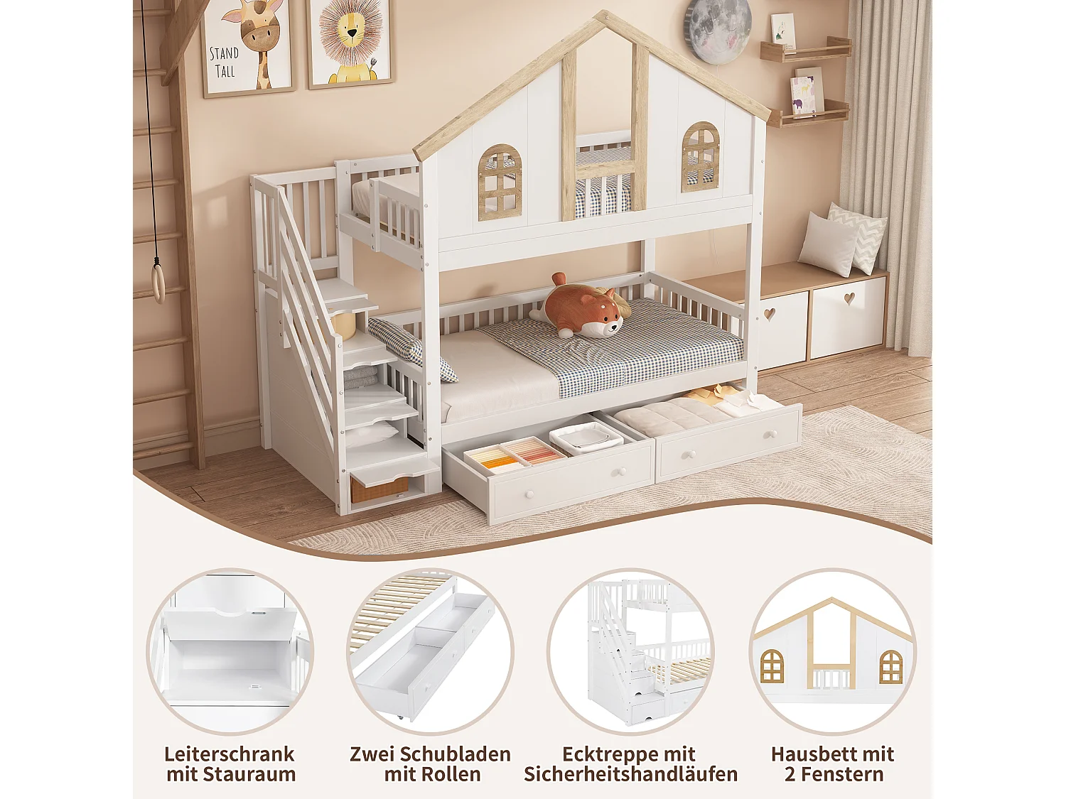 Letto a castello per bambini con protezione colorata, finestra, 2 cassetti e 4 scalette portaoggetti, pino + MDF, bianco + naturale (253x95x222cm)