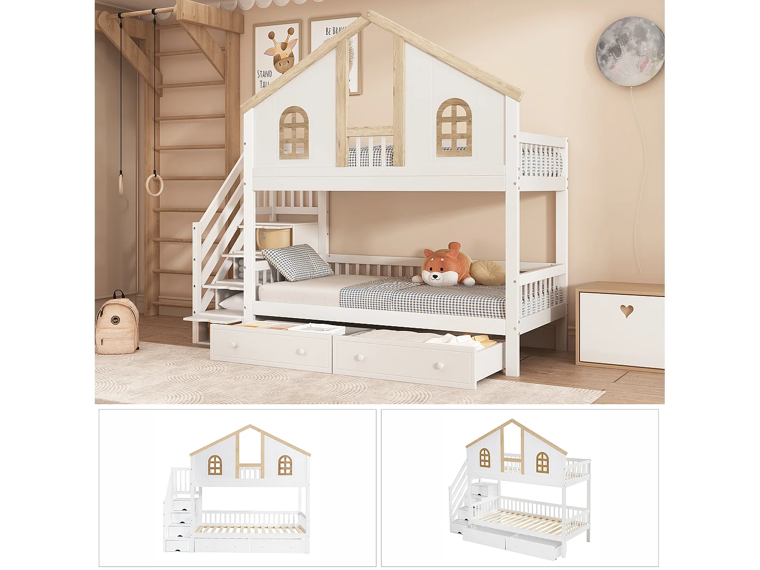 Letto a castello per bambini con protezione colorata, finestra, 2 cassetti e 4 scalette portaoggetti, pino + MDF, bianco + naturale (253x95x222cm)